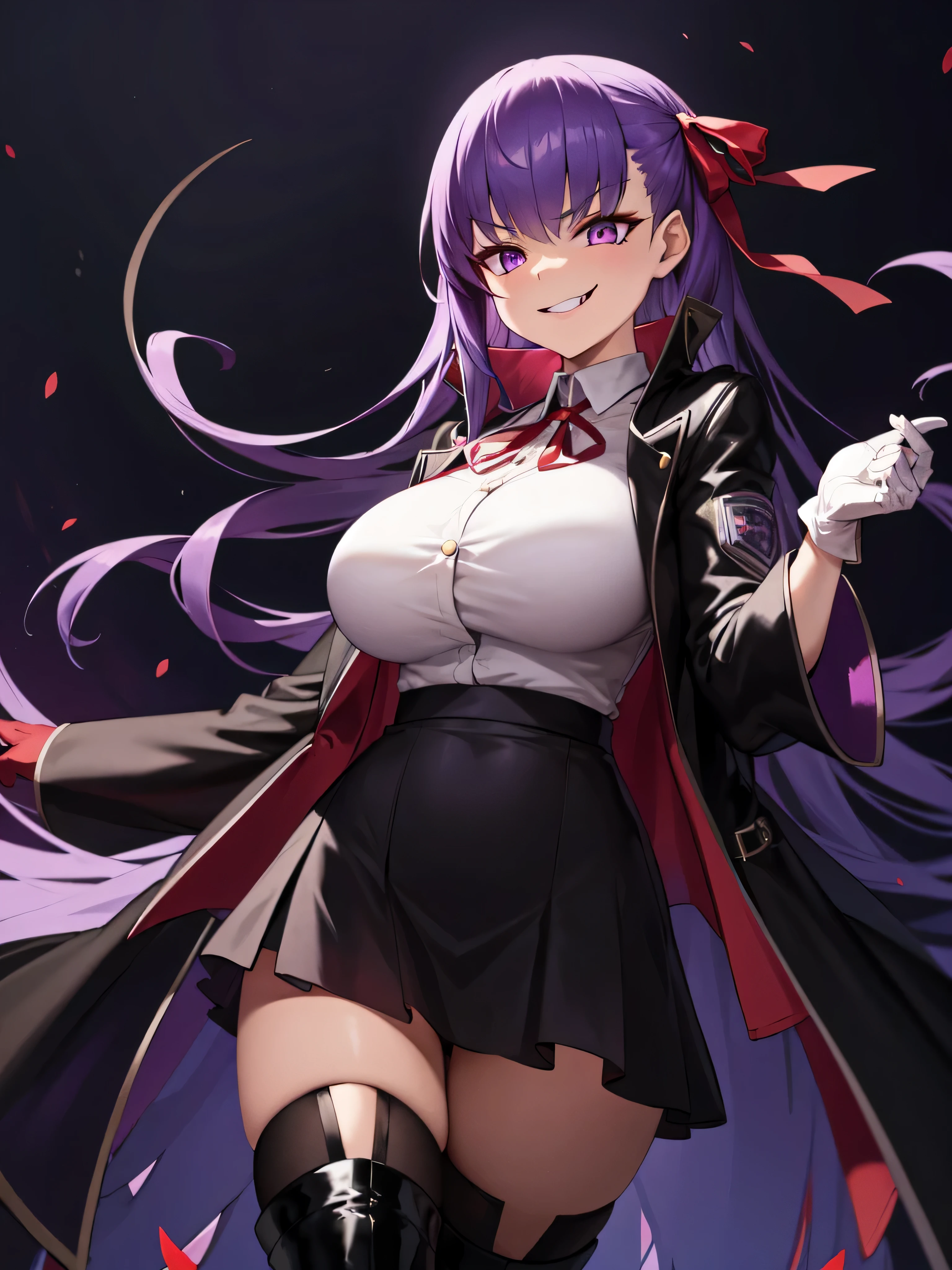  isometric, mid shot,  night, ,,, purple hair, black jacket, white shirt, black skirt, red ribbon, big breasts, purple eyes, white gloves, long hair, big collar, evil smile,smirk,thighhigh boots,(evil smile:1.3),black darkness,hell,