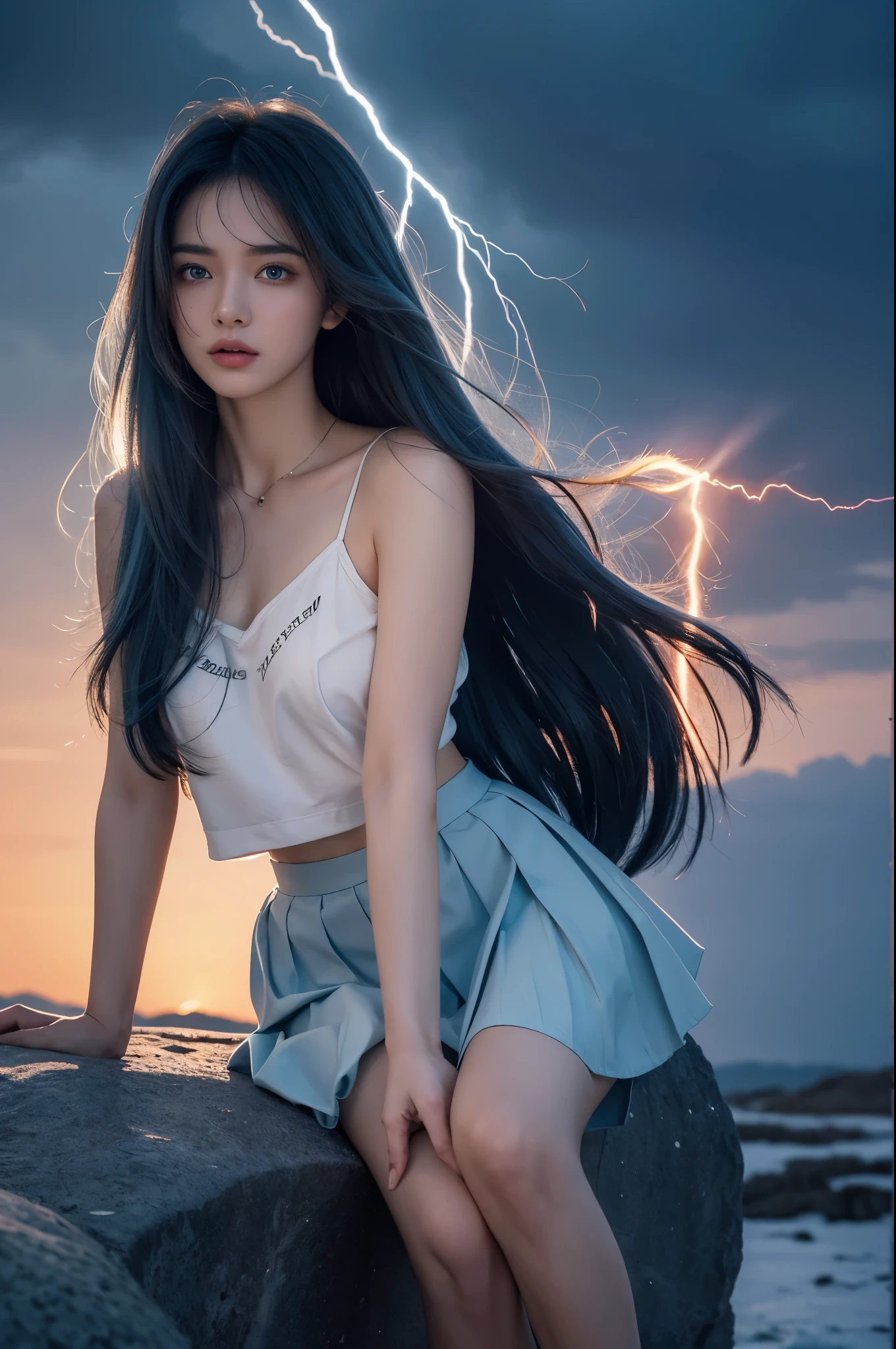 1girl,small breast,{bare knee},best quality,highly detailed,{{masterpiece}},ultra-detailed,illustration,{{{hiten}}},Depth of field,wind lift,very long hair,beautiful detailed eyes,{{{a mechanical arm}}},{surrounded lightning magiccircle},light blue eyes,beautiful detailed eyes,gorgeous,cowboy shot,{looking at viewer},{strong light on body},{{Iridescence hair}},{{{watercolor_(medium)}}},glowing circle pupils,sitting,floating hair,{pleated_skirt},{{{{lightning bolt hair ornament_glowing}}}},blue hair,burningsky,{{tareme}},{{{holding lightning _glowing_huge}}},lightningeffect,{{detailed electricity surrounded}},{electricity},{Burnoneselfinflames},lightning dark clouds,, best quality,masterpiece,realistic,masterpiece,Highly detailed,extreme detail description,extremely detailed CG unity 32k wallpaper,8k,