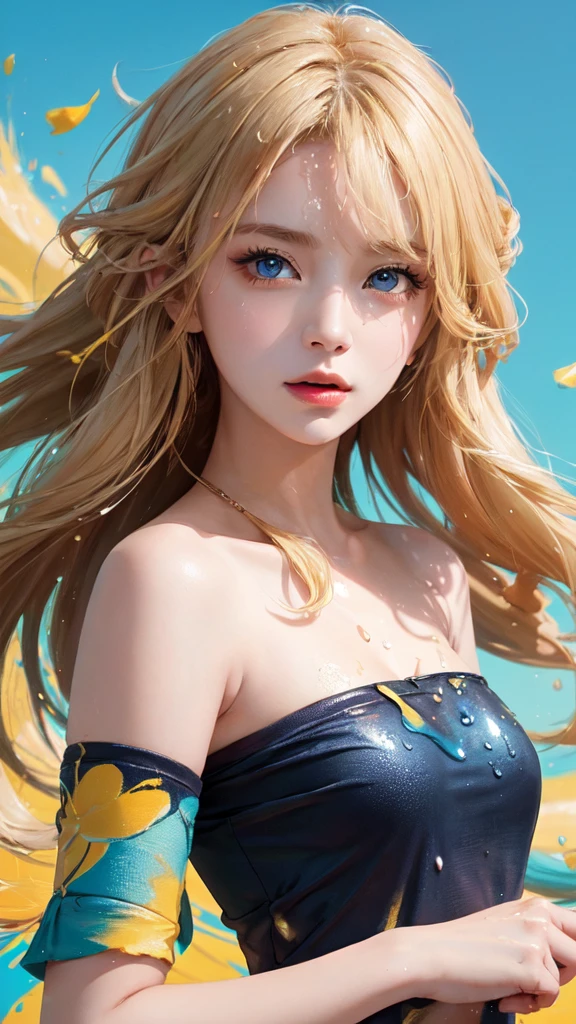 (rich and colorful Fashion T-Shirts:1.9),(blond:1.8),(All the colors of the rainbow:1.8),(((((Vertical painting:1.6))),(painting:1.6),front,comics,illustration,,big eyes,Crystal clear,(金色slopeLong hair:1.7),Exquisite makeup,shut up,(Small fresh:1.5),(Tube Top:1.6),Long eyelashes,rich and colorful off-shoulder T-shirt,Looking at the audience,水汪汪的big eyes,(blond hair:1.6),色彩splash,(Solitary:1.8),色彩splash,Color Explosion,厚重的paintWind格,Messy lines,((shining)) ,(rich and colorful),(rich and colorful),(rich and colorful),rich and colorful,厚重的paintWind格,(splash)(颜色splash),vertical,Upper Body,paintsplash,acrylic paint,slope,paint,Highest image quality,best quality,masterpiece,Solitary,Depth of Field,face ,Colorful clothes,(grace:1.2),Gorgeous,Long hair,Wind,(grace:1.3),(petal:1.4),(((masterpiece))),((())),((Ultra Detailed)),(illustration),(Dynamic angle) ,((float)),(paint),((Messy hair)),(Solitary),(1 Girl),(((Detailed anima face))),(((Beautiful and delicate face)),tie,Bare shoulders,blonde,((blonde)),((blonde)),Beautiful and delicate eyes,(blue eyes),(((blue eyes))),(((rich and colorful background))),(((High Saturation) )),(((被彩色splash包围))),(((rich and colorful background))),(((High Saturation))),(((被彩色splash包围))),(((rich and colorful background))),(((High Saturation))),(((被彩色splash包围))),