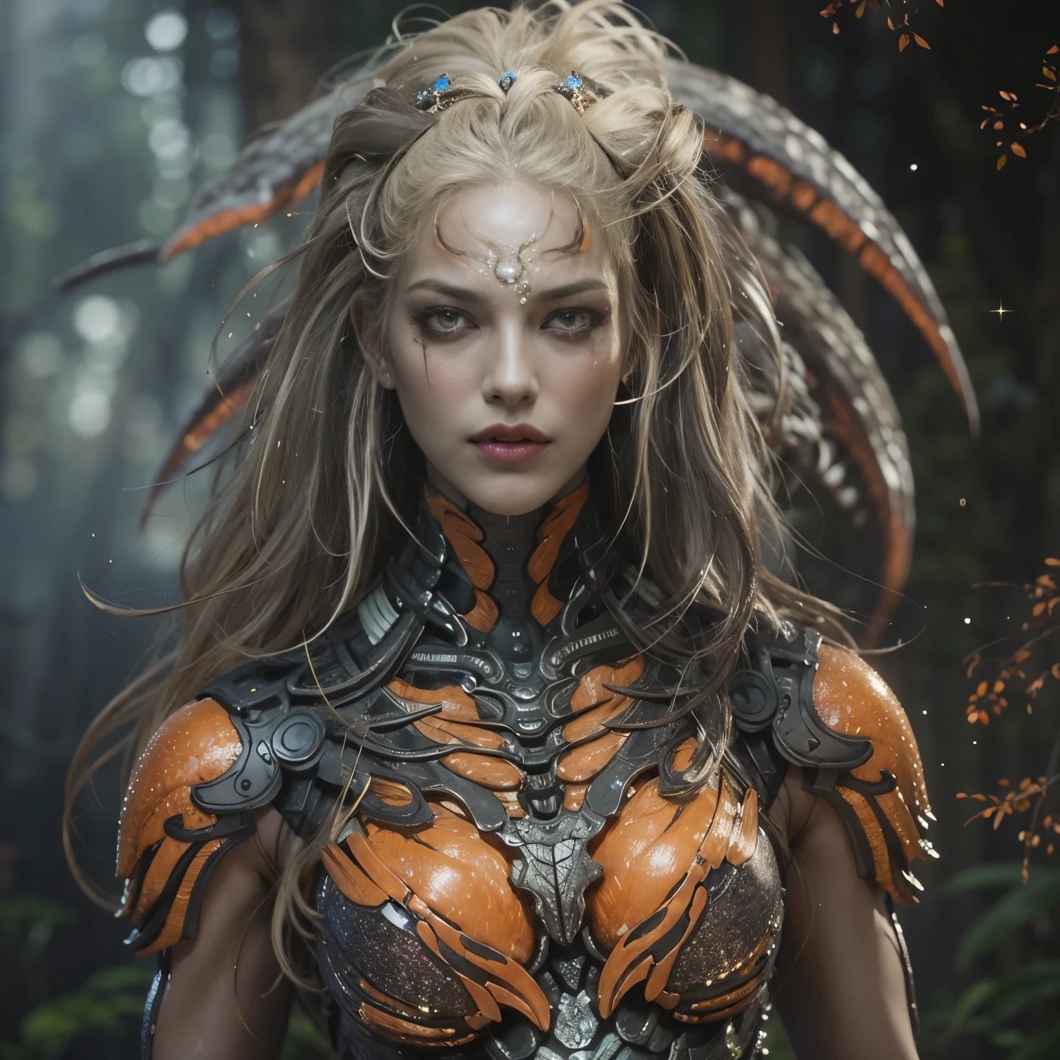 1 female alien, The predator, (incredibly beautiful:1.2), (gaze:1.4), (predator:1.5), long dark claws, (NFV:0.8), thick eyebrows, (sparkling orange eyes:1.5), the most beautiful face in the universe, platinum blonde hair, symmetrical beautiful eyes,

A woman predator with an incredibly beautiful face, her gaze fixed on her prey, primal force, which cannot be denied.

(Beautiful slim body:1.5), (muscular build:1.2), (wandering:1.3), (smooth movements:1.4)

Her beautiful body, muscular and fit, moved with graceful grace, wander along, ready to strike at any moment. The predator within her was always on,                                                                          
                                                                                                                                                               
 Cinematic drawing of characters, ultra high quality model, Cinematic quality, detail, (complex parts:1.2), a high resolution, a high resolution, conscientiously drawing, official art, Unity 8K Стена , 8K portrait, Best quality, Very a high resolution, ultra detailed artistic photography,