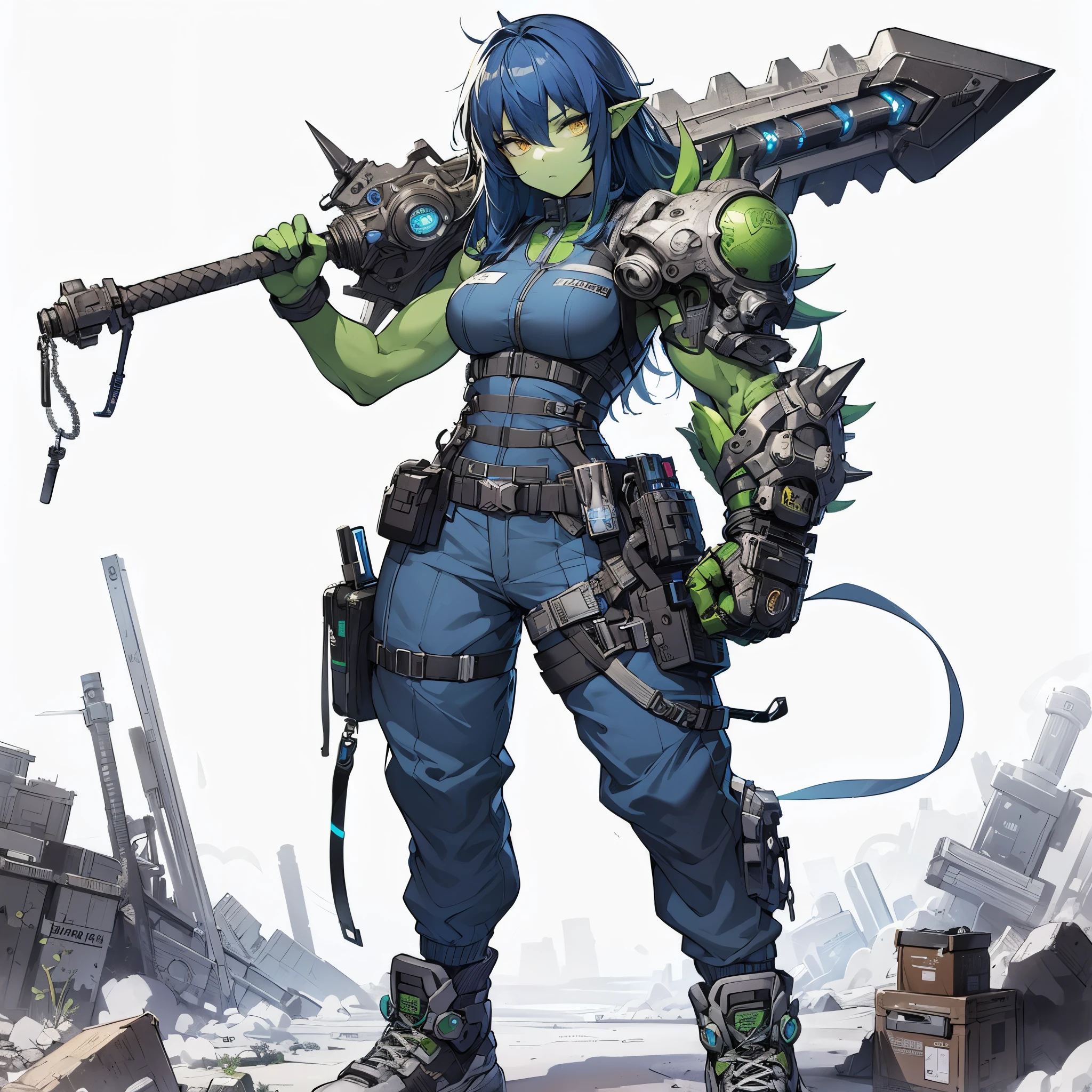 (masterpiece, Best Quality), (Perfect athlete body:1.2), (detailed hairs), Ultra-detailed, Anime style, solo, Cyberpunk orc girl, Muscular but feminine body shape, wearing a work uniform, night blue hair and yellow eyes, pale green skin, holds a huge cleaver sword, protector gear, point armor, wears high tech sneakers, standing in wasteland, white background, whole body,