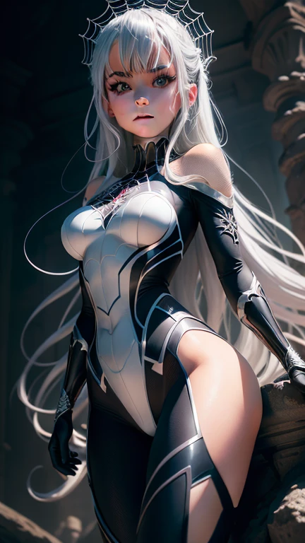 (Extreme close-up CG Unity 8K wall art, masterpiece, highest quality), (Dramatic exquisite lighting and shadow, cinematic lens effect), a girl in a white Spider-Girl costume, silver-gray hair, from the Spider-Girl parallel universe, Wengler, Wonder, Spider-Girl, perched on an edge, expressive pose), (Breathtaking detail, Excellent lighting, wide-angle shot), (Remarkable rendering, worthy of standing out in its class), intricately detailed Spider-Girl costumes, complex textures of spiderwebs.
