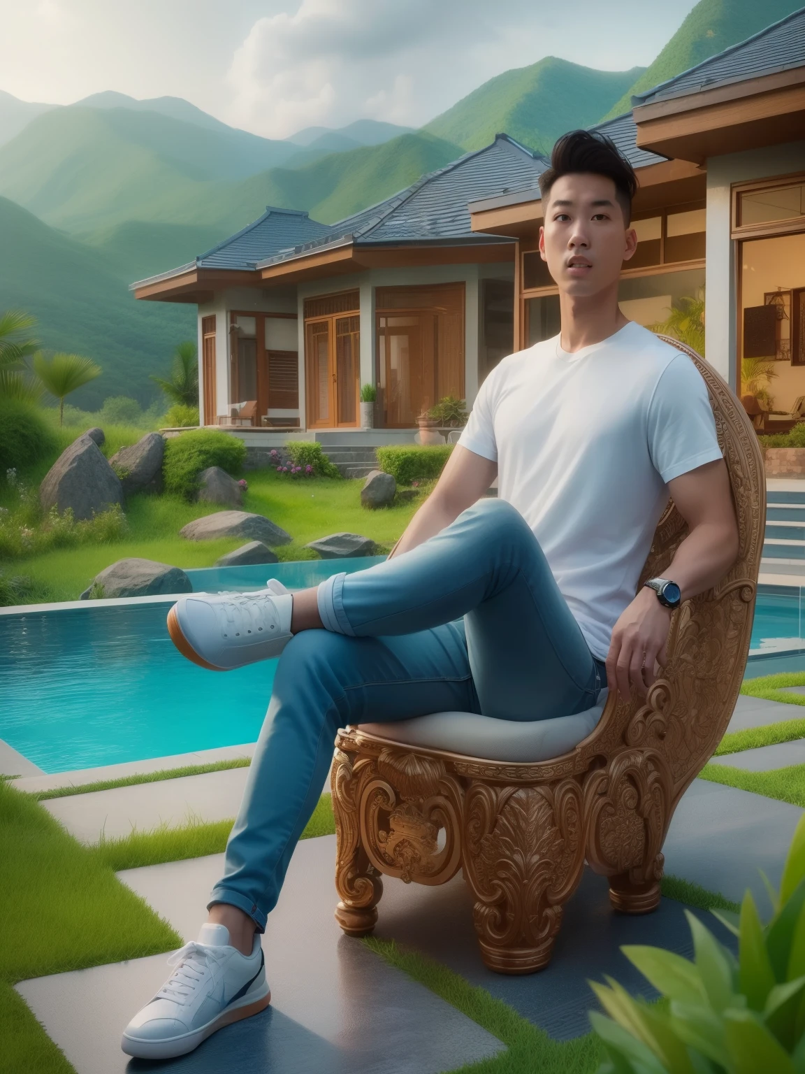 there is a man sitting on a chair in front of a pool, inspired by Victor Wang, inspired by Rudy Siswanto, ryan jia, inspired by Ding Yunpeng, by Rudy Siswanto, handsome stunning realistic, inspired by Huang Gongwang, inspired by Russell Dongjun Lu, by Ni Yuanlu, inspired by Jason Chan, fanart