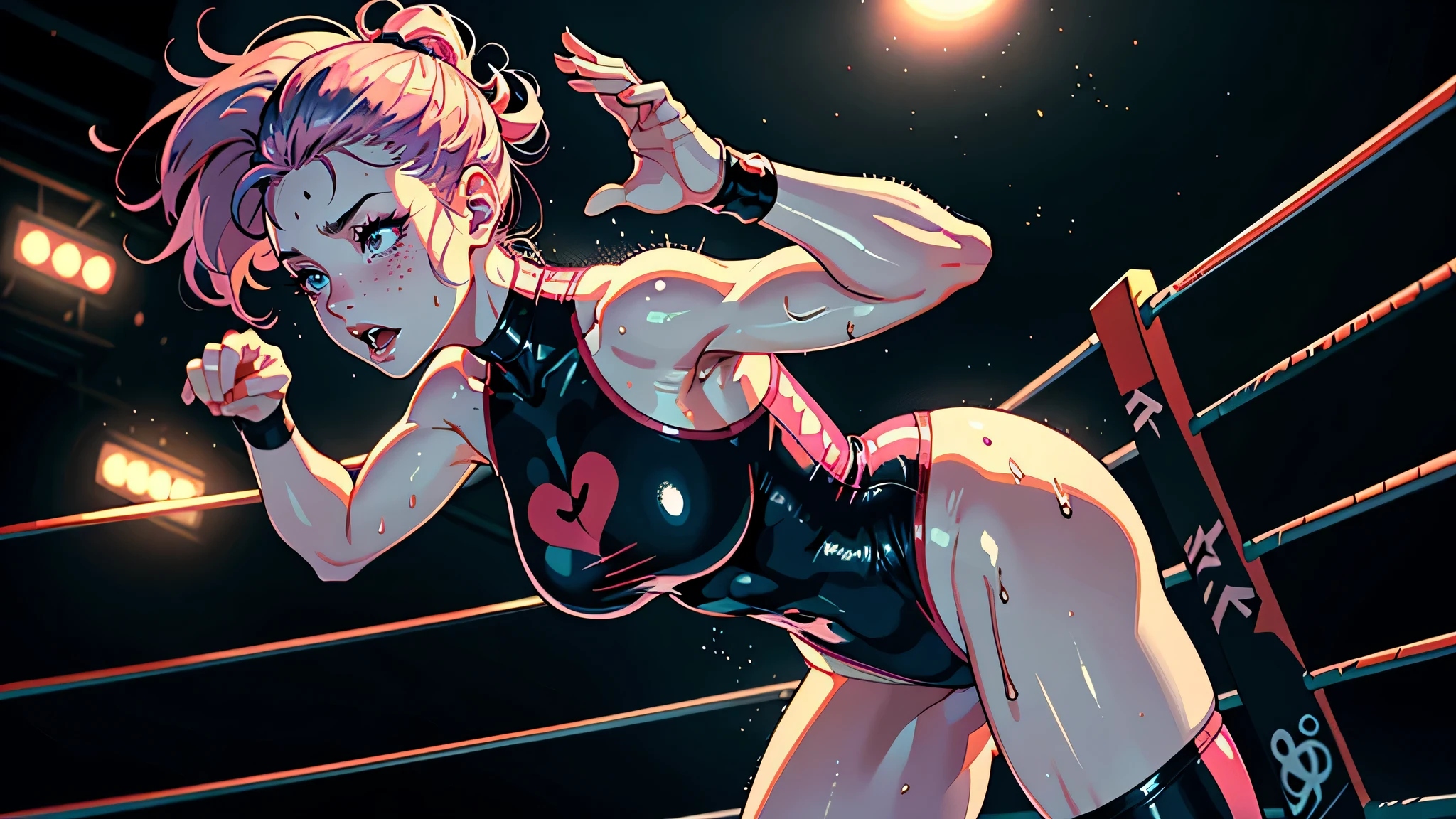 masterpiece, highest quality, (Highly detailed CG Unity 8k wallpaper), (highest quality), (Best illustrations), (Best Shadow), Confused, Realistic lighting, (abyss), Beautiful and delicate shine,victory,Random Pause,((Bare skin wet with sweat,Female professional wrestler)),Cute freckles on the cheeks,Mole under left eye,Cowboy Shot,Hair wet with sweat,A leotard-type wrestling costume with gorgeous decorations,pain,suffering,ring,Plump,Villain wrestler,A female wrestler with pink dyed hair,game,Being grabbed by the neck from behind,