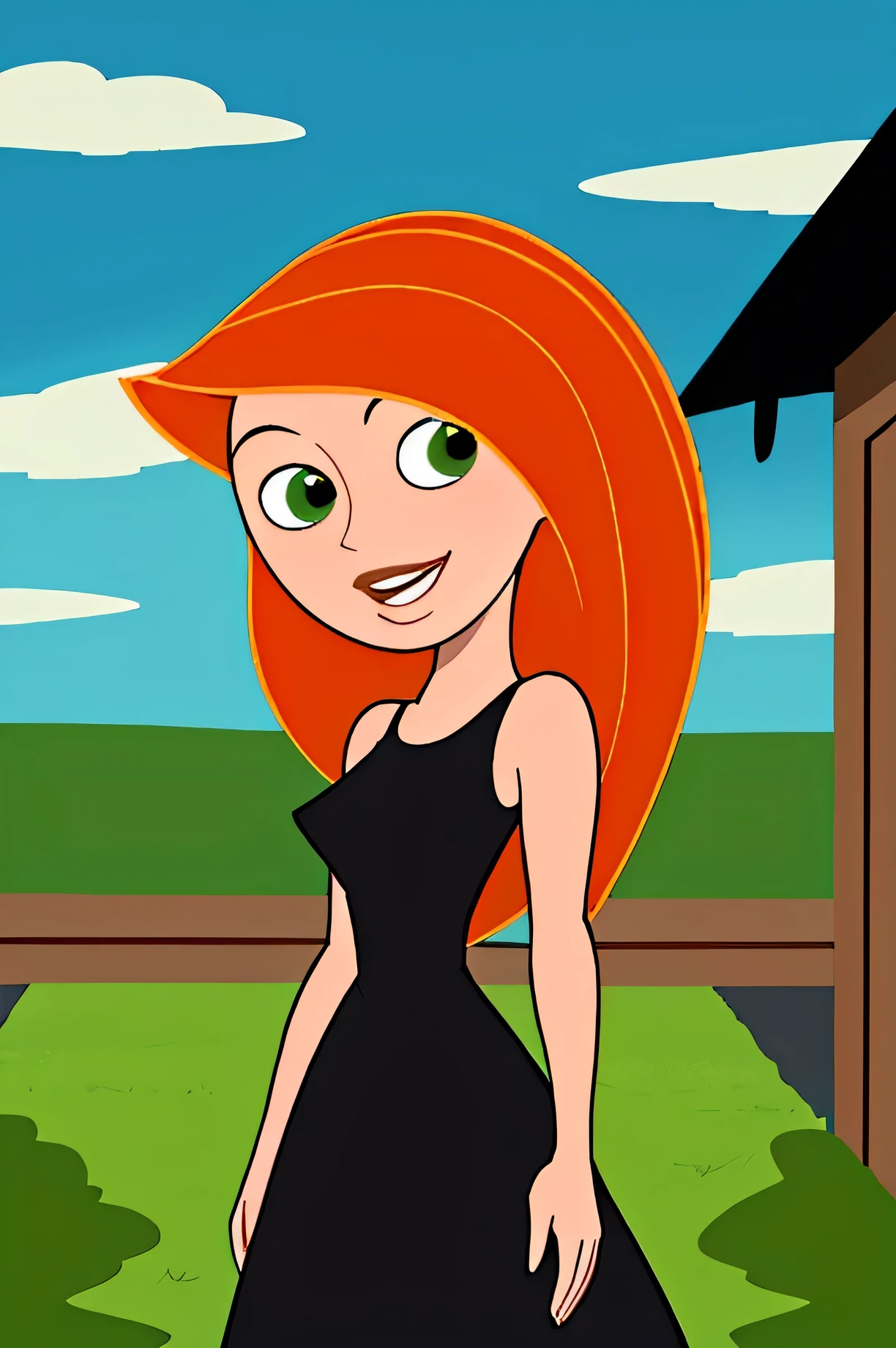 (masterpiece, best quality:1.3), 1girl, looking at viewer, kimberly ann possible, parted lips, upper body, standing, collarbone, bare shoulders, blush, colored skin, orange hair, long hair, absurdly long hair, green eyes, medium breasts, (skindentation:1.2), black dress, loose clothes, sleeveless, blue sky, clouds, garden, landscape, smile