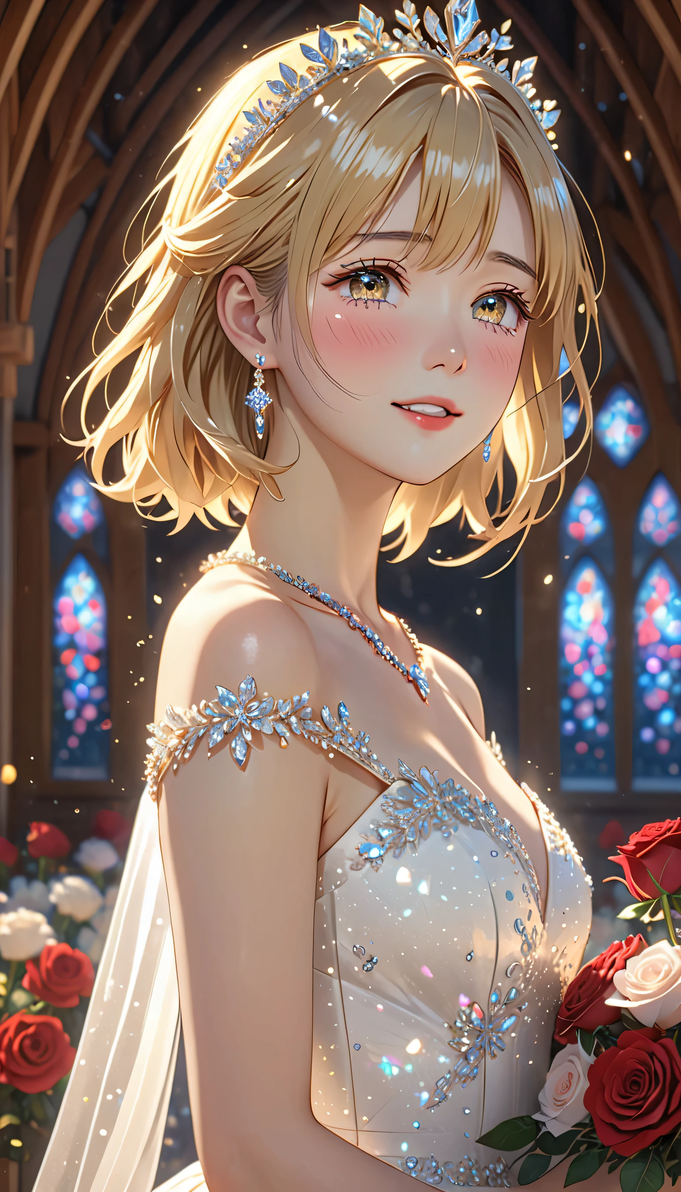 National Science Foundation,masterpiece,High resolution,8K,Art,digit,Three-dimensional,Kyoto Animation Style,your name movie style,Facing the camera,(((From the front))),Soft Light,Glowing skin,(1 female: 1.3),(alone: 1.4),(((long golden hair))),(Gorgeous,sparkling wedding dress),Swarovski crystals on gorgeous wedding dress,crystal crown,crystal necklace,crystal earrings,Long eyelashes,slender legs,Short Bob,bouquet of red roses in hand,Close-up of upper body,Close-up,close view,In the quaint church,Starry eyes,Blushed,shy,shy,open mouth,(((cry))),(((shed tears)))