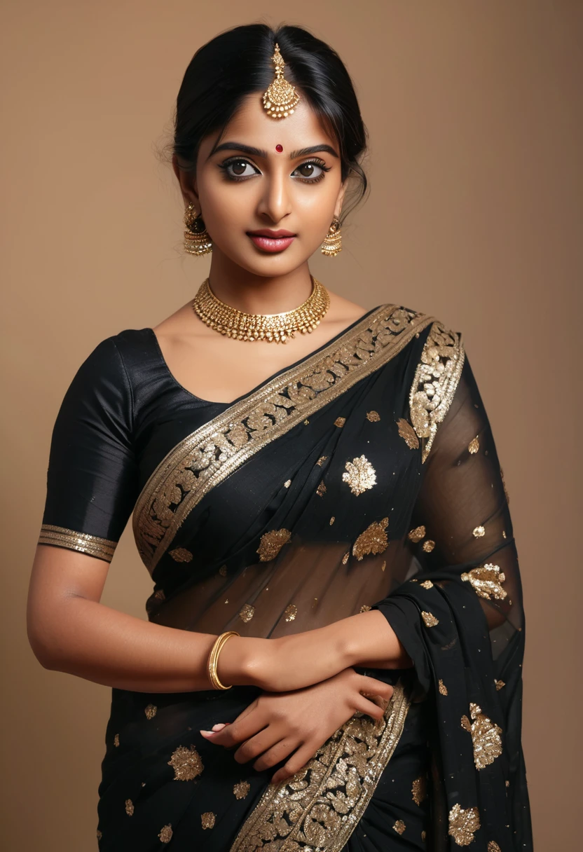 (best quality,4k,8k,highres,masterpiece:1.2),ultra-detailed,(realistic,photorealistic,photo-realistic:1.37),Indian girl in black saree,portraits,beautiful detailed eyes,beautiful detailed lips,extremely detailed eyes and face,long eyelashes,piercing eyes,traditional Indian jewelry,graceful pose,flowing black saree,delicate patterns on the saree,sparkling sequins on the saree,golden border on the saree,indoor studio lighting,vivid colors,rich and deep shades of black and gold,soft and warm lighting,subtle shadows,
