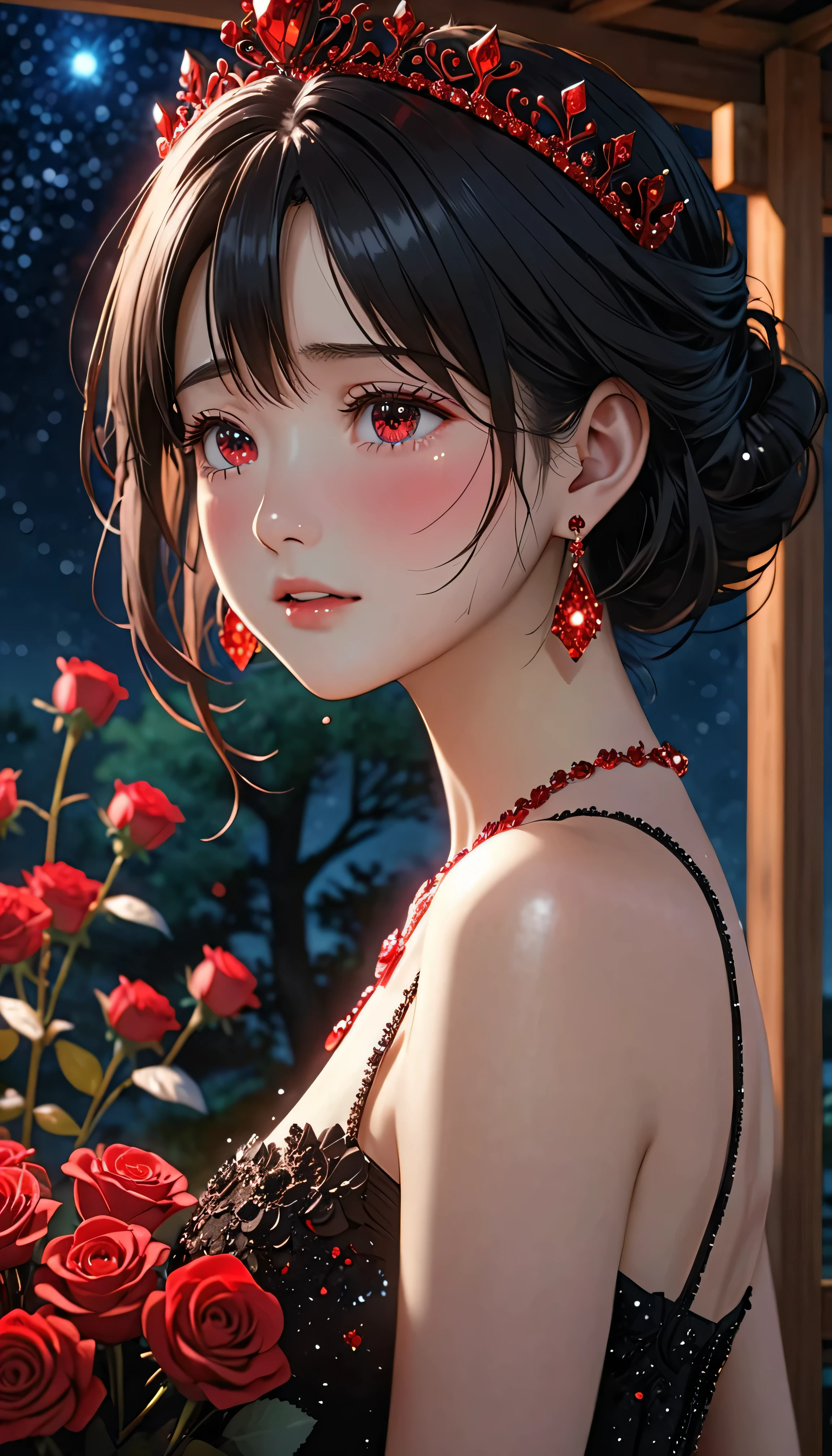 National Science Foundation,masterpiece,High resolution,8K,Art,digit,Three-dimensional,Kyoto Animation Style,your name movie style,Facing the camera,(((From the front))),Soft Light,Glowing skin,(1 female: 1.3),(alone: 1.4),((long black hair)),((Gorgeous,sparkling black wedding dress)),(Red Swarovski crystals on gorgeous wedding dress),(red crystal crown),(red crystal necklace),(red crystal earrings),Long eyelashes,slender legs,Short Bob,bouquet of red roses in hand,Close-up of upper body,Close-up,close view,Starry sky at night,silent dark forest,Starry eyes,Blushed,shy,shy,open mouth,(((sad))),(((cry))),(((shed tears)))