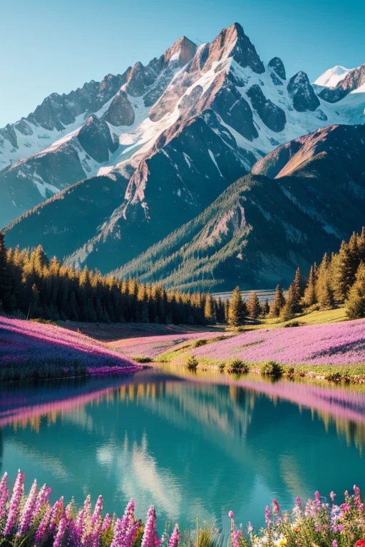 I want a place where there are big mountains, un lago y en el centro se encuentre un quiosco con muchas flores