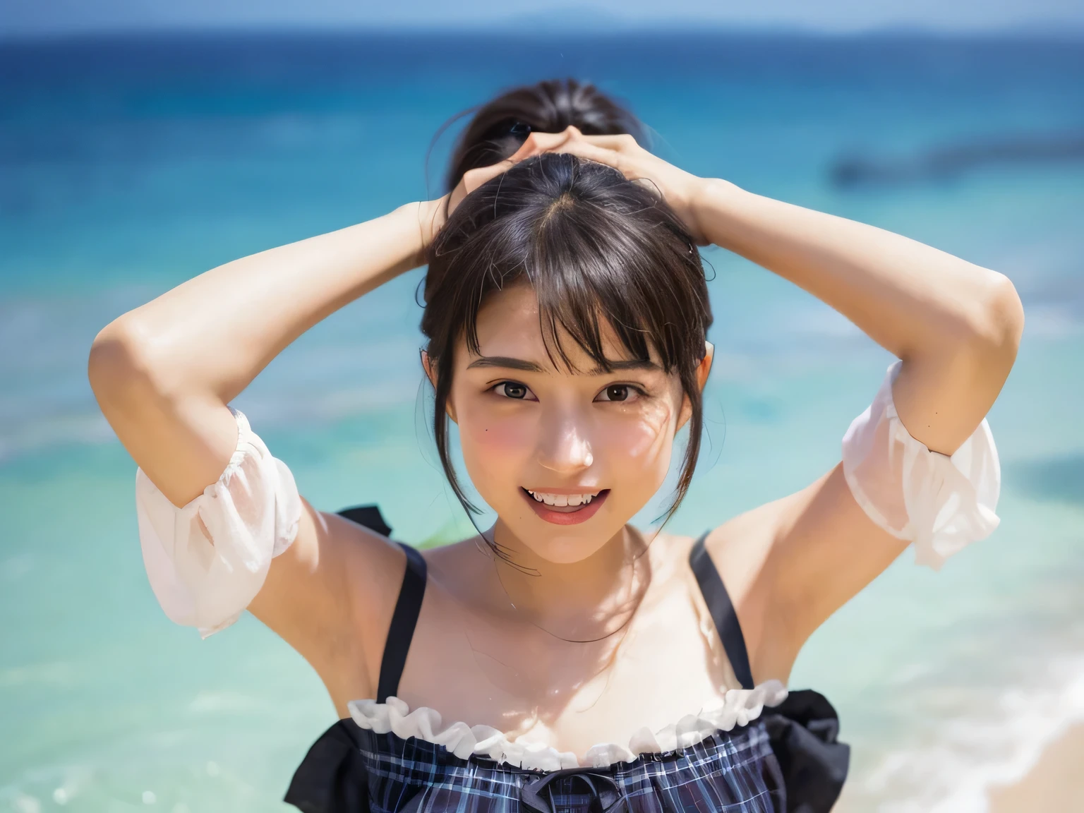 (8k、Raw photo、highest quality、masterpiece:1.2),(((Two Girls,duo,caress,At the Beach))),、Super detailed、Super Resolution、(Ultra-realistic:1.4)、（Blowing a kiss as a camera）From the above、Camera shot from above、Shooting from a top camera angle、I look at this with my eyes、Arms stretched out、spread both arms wide、Use high-quality images taken from the sky with a camera、(Girl on the Beach 1 5 digits:1.3)、、Offshore Girls（Dreamy lighting）Head to waist、、White skin、color proofreading for white woman、Ultra HD、、Beautiful woman proofreading against the light、Amazing details、Highly detailed beautiful girls、(Various patterns of faces 1:1.2)、(Various facial expressions of emotion 1:1.3)、Each hairstyle has its own characteristics、color々Hairstyle、color々The hair color shines with a beautiful luster.、I love fishing on a boat.、Shiny brown hair、One of them has a ponytail、、Modern and cute girl、Highly detailed face、Highly detailed eyes、Extremely realistic skin、 Highly detailed fingers, Highly detailed nose, Highly detailed mouth, Perfect Anatomy, (Off-the-shoulder ****ta outfit 1:1.2)、、Sparkling hair details、Smile with hot teeth、Realistic body, White skin, Glowing Skin, The body is slim, Straight long hair, (Blunt bangs:1.2), , nixeu and sakimichan, 2 times, seifuku, sakimichan, Promotional Steel, Larisa Manovar, Alena Aenami and Lilia Alvarado