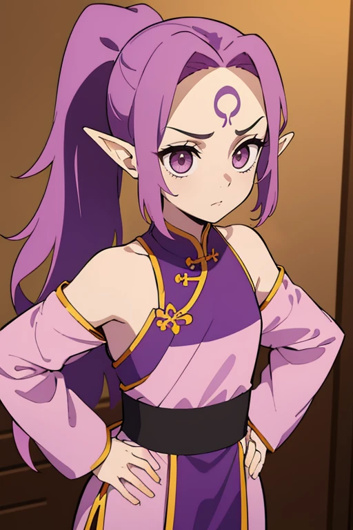 girl,Solo Dance,pink violet hair,Long Ponytail,Medium Hair,forehead,Show forehead,Forehead tattoo,Messy hair,Big Hair,Purple Eyes,Eye bags,Protruding eyes,serious,neutral,Small chest,Short stature,Elf ears,((Pink Chinese Dress)),红色beauty裙子,Long sleeves with off-the-shoulders,(Hands on Hips),Shoot straight,((close up)),Upper body,Looking at the audience,Standing,,beauty,Super quality,masterpiece,Best quality,8k,
