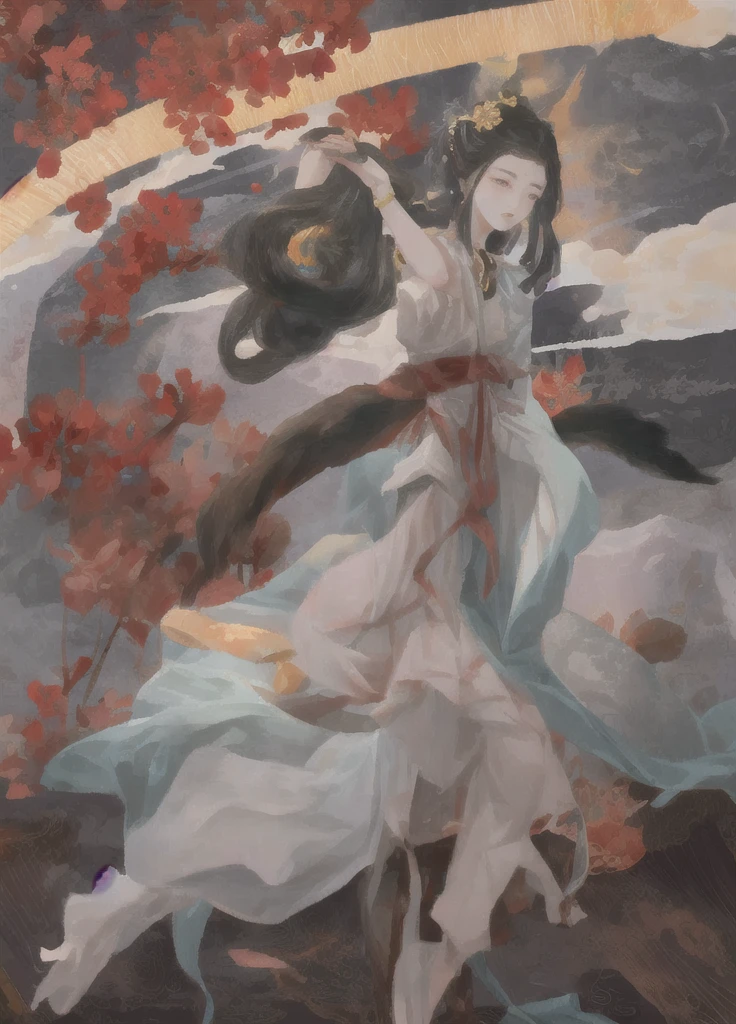 Ancient Chinese beauty sitting on a stone, Breast,Sagging breasts,Showing cleavage,wearing chinese clothes, flowing tulle, Light Silk, lazy posture, large lotus leaf, lotus, Ink painting style, Clean colors, Decisive felling, Blank, Mode, masterpiece, Ultra Detailed, Epic creation, high quality, Highest quality, 4K