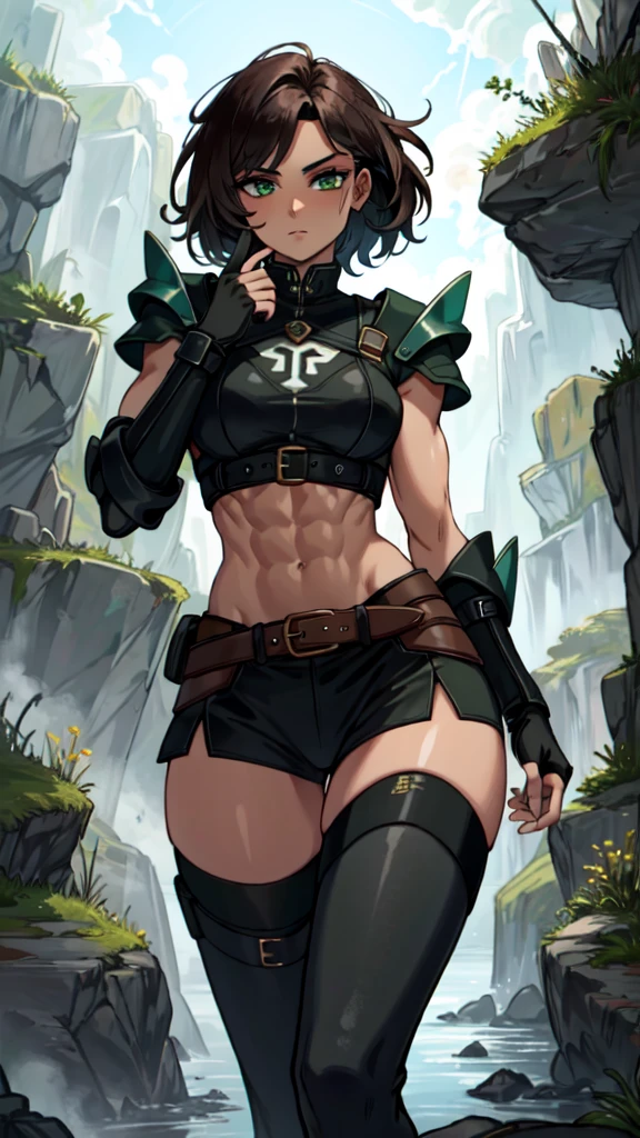 dark-skinned female, abs, muscular, very short hair, stone-like skin, dark brown hair, green eyes, strong, tall, fingerless gloves, cracks in skin, earth elemental, gauntlets