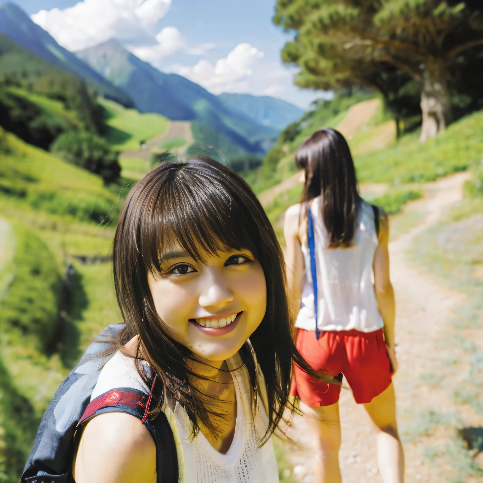 Identical twin sisters、(highest quality, Ultra-realistic photos), Majestic Mountain, sea of clouds, Japanese woman watching the sunset, Selfie, ((Upper Body)), White T-shirt, Trekking shorts, Trekking boots, rucksack,  (Very delicate face, Super Beautiful Maid, Very delicate eyes, Very elaborate nose, Very sophisticated mouth, Highly detailed and beautiful facial features, 18-year-old, smile happily