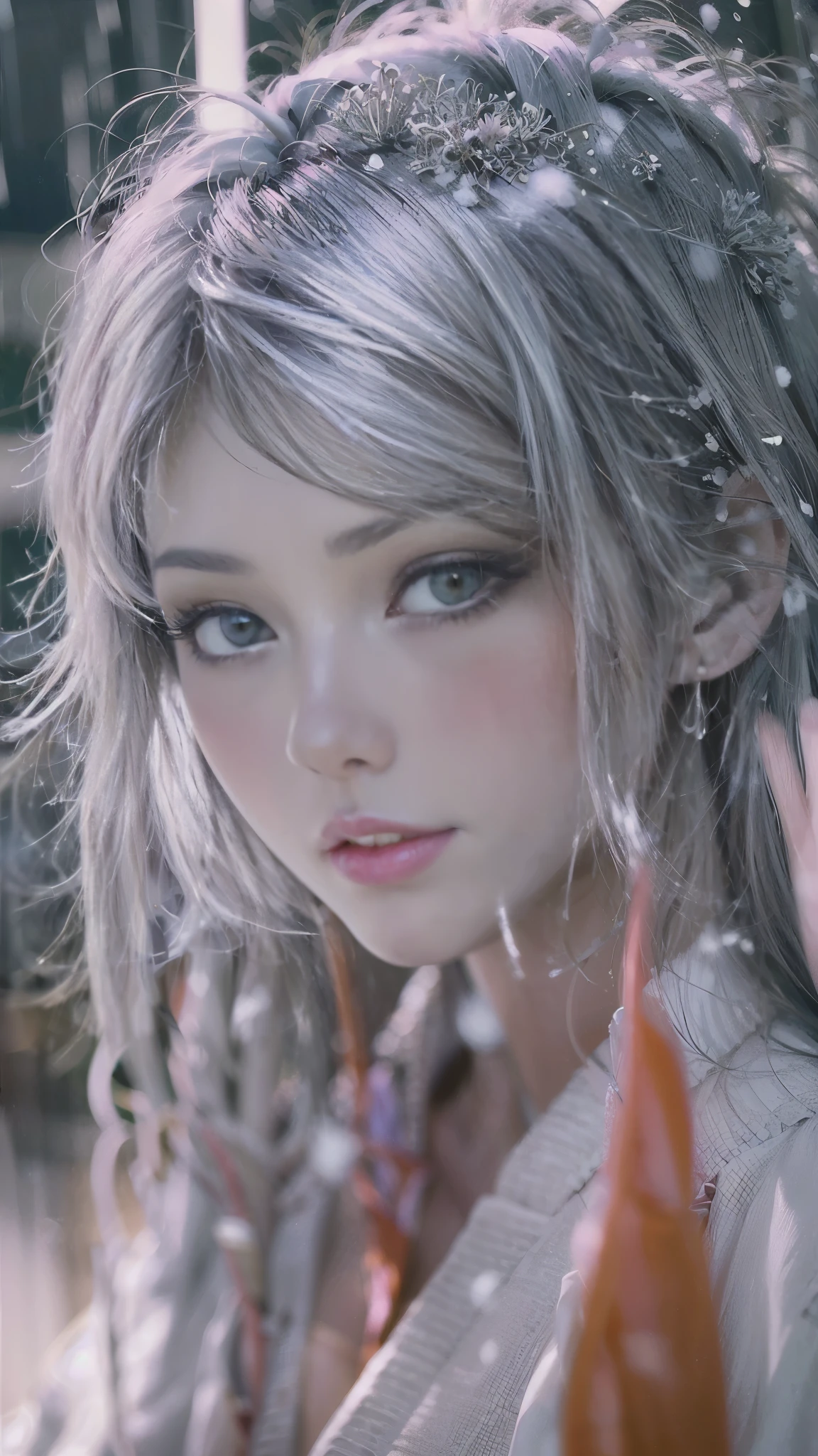 (Realistic:1.5, 16k, highest quality, masterpiece, Ultra-high resolution), (((heavy snow, From below))), Perfect dynamic composition:1.2, (In front of a shrine at night in a modern city, Expressions of sadness:0.9, Low angle shooting:0.9), Highly detailed skin and facial textures:1.2, Young woman getting wet in the rain:1.3, Fair skin:1.2, Sexy beauty:1.1, Incredibly slim body:1.2, beautifully、beautiful:1.1, Very beautiful face:1.2, Water droplets on the skin, (The rain drips down on my body:1.2, Wet body:1.2, Wet Hair:1.3), (Professional kimono dressing:0.7, Holding a bouquet of wet lilies:1.2, Wearing a wet silver kimono:1.3), (Shapely large breasts, Bra is sheer, Chest gap), (Big eyes that exude beautiful eroticism:0.8, Lips that exude beautiful eroticism:0.8), necklace, Earrings, bracelet, wedding ring, Highly detailed and accurate hand and finger representation