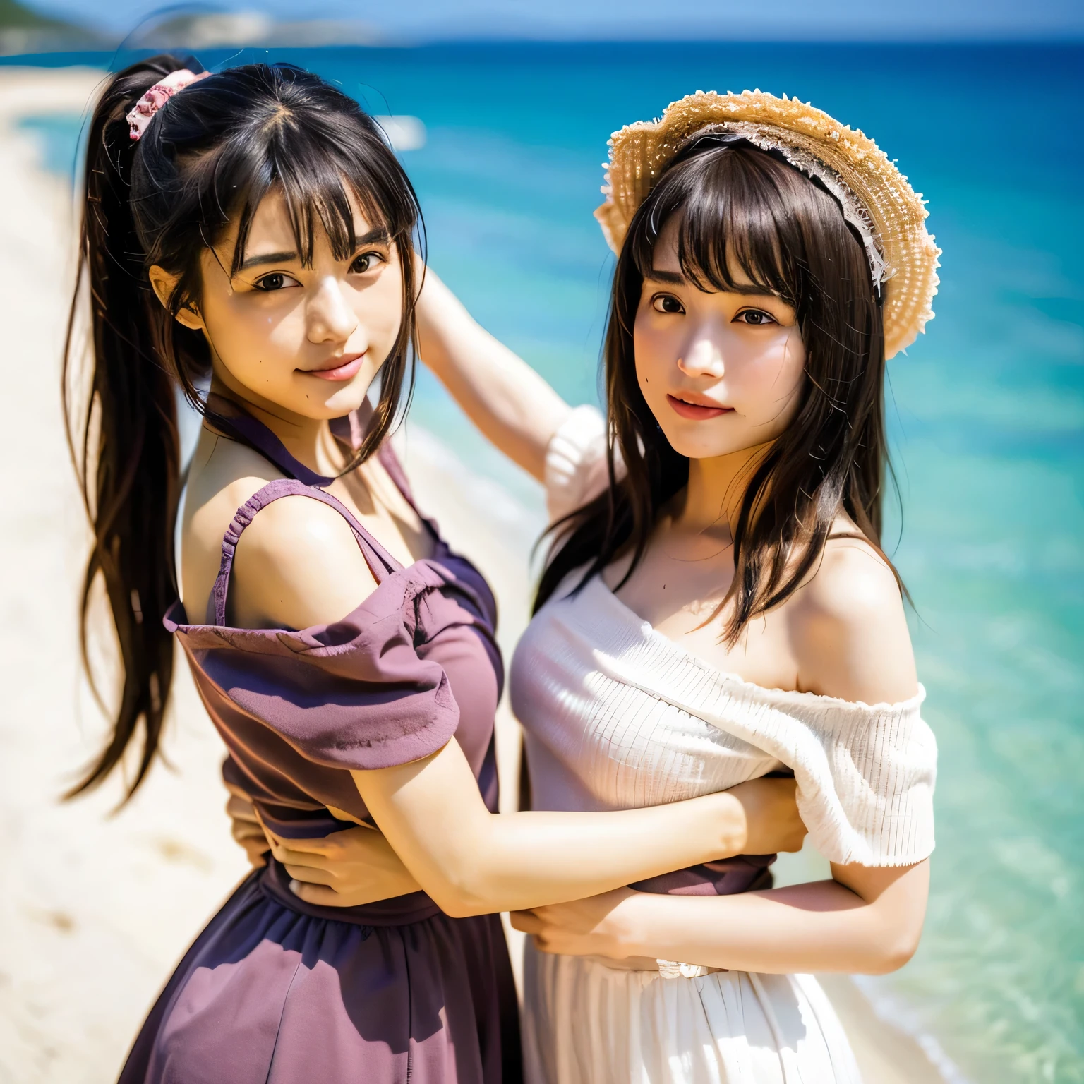 (((Two Girls,duo,caress,At the Beach))),、(8k、Raw photo、highest quality、masterpiece:1.2),Super detailed、Super Resolution、(Ultra-realistic:1.4)、（Blowing a kiss as a camera）From the above、Camera shot from above、Shooting from a top camera angle、I look at this with my eyes、Arms stretched out、spread both arms wide、Use high-quality images taken from the sky with a camera、(Girl on the Beach 1 5 digits:1.3)、、Offshore Girls（Dreamy lighting）Head to waist、、White skin、color proofreading for white woman、Ultra HD、、Beautiful woman proofreading against the light、Amazing details、Highly detailed beautiful girls、(Various patterns of faces 1:1.2)、(Various facial expressions of emotion 1:1.3)、Each hairstyle has its own characteristics、color々Hairstyle、color々The hair color shines with a beautiful luster.、I love fishing on a boat.、Shiny brown hair、One of them has a ponytail、、Modern and cute girl、Highly detailed face、Highly detailed eyes、Extremely realistic skin、 Highly detailed fingers, Highly detailed nose, Highly detailed mouth, Perfect ???????, (Off-the-shoulder Lolita outfit 1:1.2)、、Sparkling hair details、Smile with hot teeth、Realistic body, White skin, Glowing Skin, The body is slim, Straight long hair, (Blunt bangs:1.2), , nixeu and sakimichan, 2 times, seifuku, sakimichan, Promotional Steel, Larisa Manovar, Alena Aenami and Lilia Alvarado
