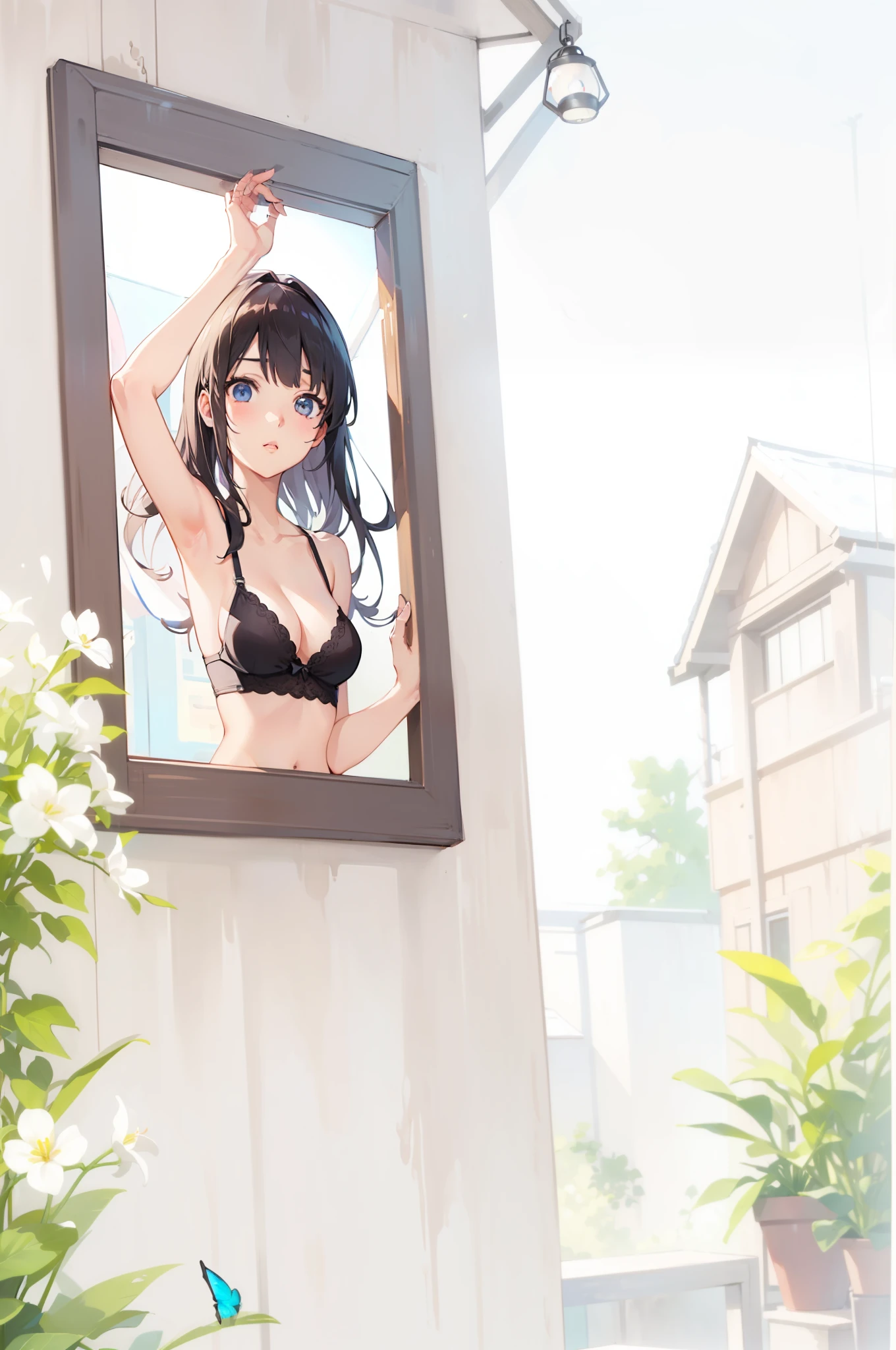 anime picture of a woman in a black bra top and a picture of a house, painted in anime painter studio, made with anime painter studio, artwork in the style of guweiz, beautiful anime artwork, seductive anime girl, anime moe artstyle, smooth anime cg art, digital anime art, beautiful anime art, anime visual of a cute girl, beautiful anime portrait