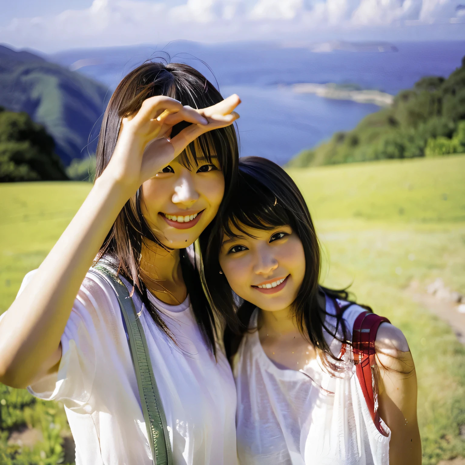 Identical twin sisters、(highest quality, Ultra-realistic photos), Majestic Mountain, sea of clouds, Japanese woman watching the sunset, Selfie, ((Upper Body)), White T-shirt, Trekking shorts, Trekking boots, rucksack, (Very delicate face, Super Beautiful Maid, Very delicate eyes, Very elaborate nose, Very sophisticated mouth, Highly detailed and beautiful facial features, 18-year-old, smile happily