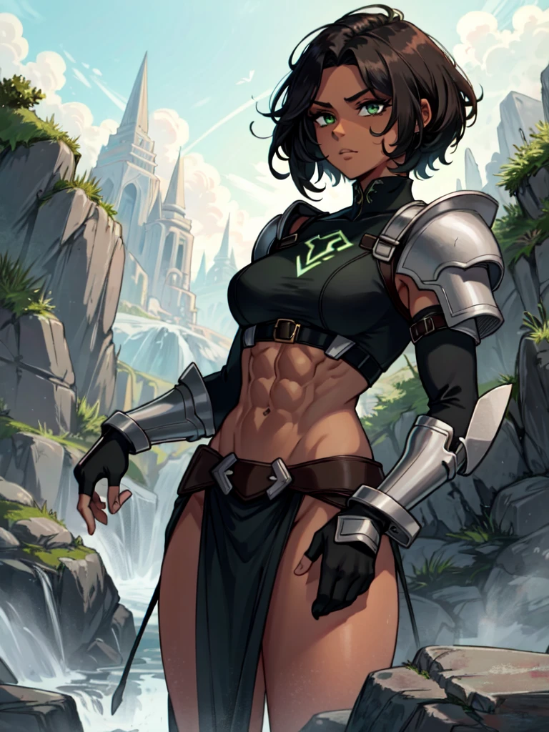 (1 girl, standing alone, standing alone), (Risa Wakatsuki, Sarada Uchiha, Bblack hair, shorth hair, expressive eyes), ((standing alone, (1womanl, (Small bust) pink lipstick, eyes black), extremely detaild, soft ambient lighting, 4K, perfects eyes, a perfect face, perfect lighting, a 1 girl)), ((fitness, muscular, shapely body, athletic body, toned body)) , ((tribal warrior, armors, Chain mail, gauntlets, painted face, warrior woman, brown bands, leathery, black pants, mountain in the background, mountain landscapes, Stately, confident woman))