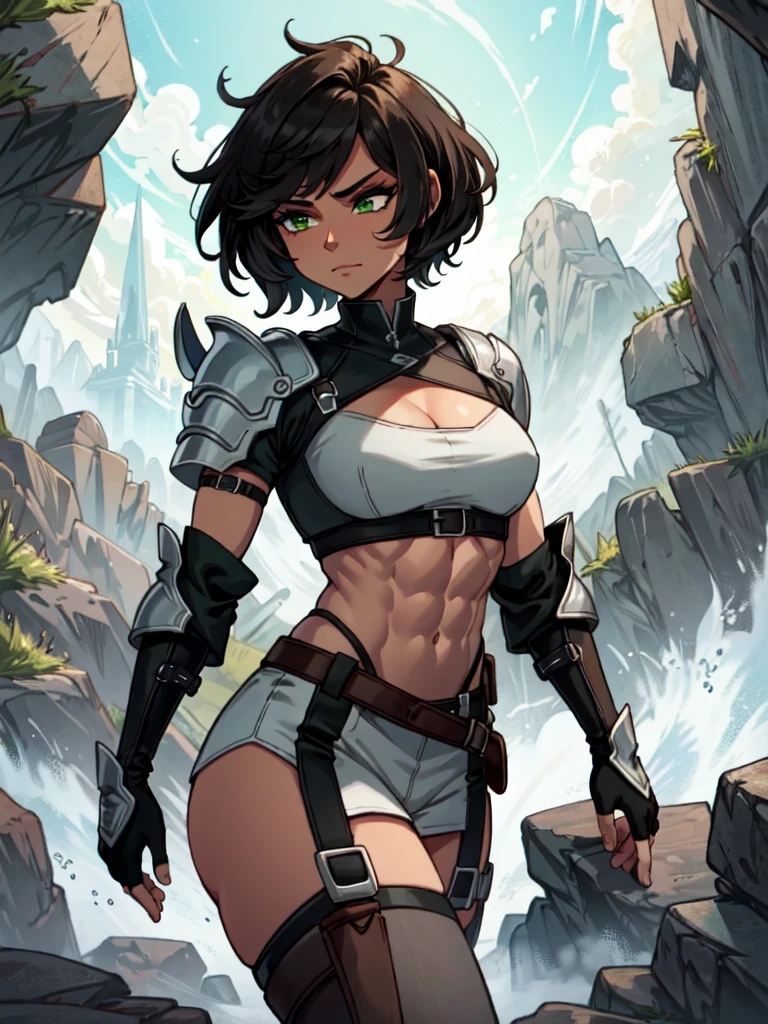 dark-skinned female, abs, muscular, very short hair, stone-like skin, dark brown hair, green eyes, strong, tall, fingerless gloves, cracks in skin, earth elemental, gauntlets