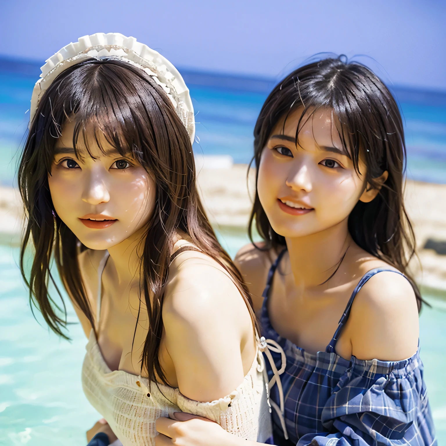 (8k、Raw photo、highest quality、masterpiece:1.2),(((Two Girls,duo,caress,At the Beach))),、Super detailed、Super Resolution、(Ultra-realistic:1.4)、(Blowing a kiss as a camera)From the above、Camera shot from above、Shooting from a top camera angle、I look at this with my eyes、Arms stretched out、spread both arms wide、Use high-quality images taken from the sky with a camera、(Girl on the Beach 1 5 digits:1.3)、、Offshore Girls(Dreamy lighting)Head to waist、、White skin、color proofreading for white woman、Ultra HD、、Beautiful woman proofreading against the light、Amazing details、Highly detailed beautiful girls、(Various patterns of faces 1:1.2)、(Various facial expressions of emotion 1:1.3)、Each hairstyle has its own characteristics、color々Hairstyle、color々The hair color shines with a beautiful luster.、I love fishing on a boat.、Shiny brown hair、One of them has a ponytail、、Modern and cute girl、Highly detailed face、Highly detailed eyes、Extremely realistic skin、 Highly detailed fingers, Highly detailed nose, Highly detailed mouth, Perfect Anatomy, (Off-the-shoulder ta outfit 1:1.2)、、Sparkling hair details、Smile with hot teeth、Realistic body, White skin, Glowing Skin, The body is slim, Straight long hair, (Blunt bangs:1.2), , nixeu and sakimichan, 2 times, seifuku, sakimichan, Promotional Steel, Larisa Manovar, Alena Aenami and Lilia Alvarado