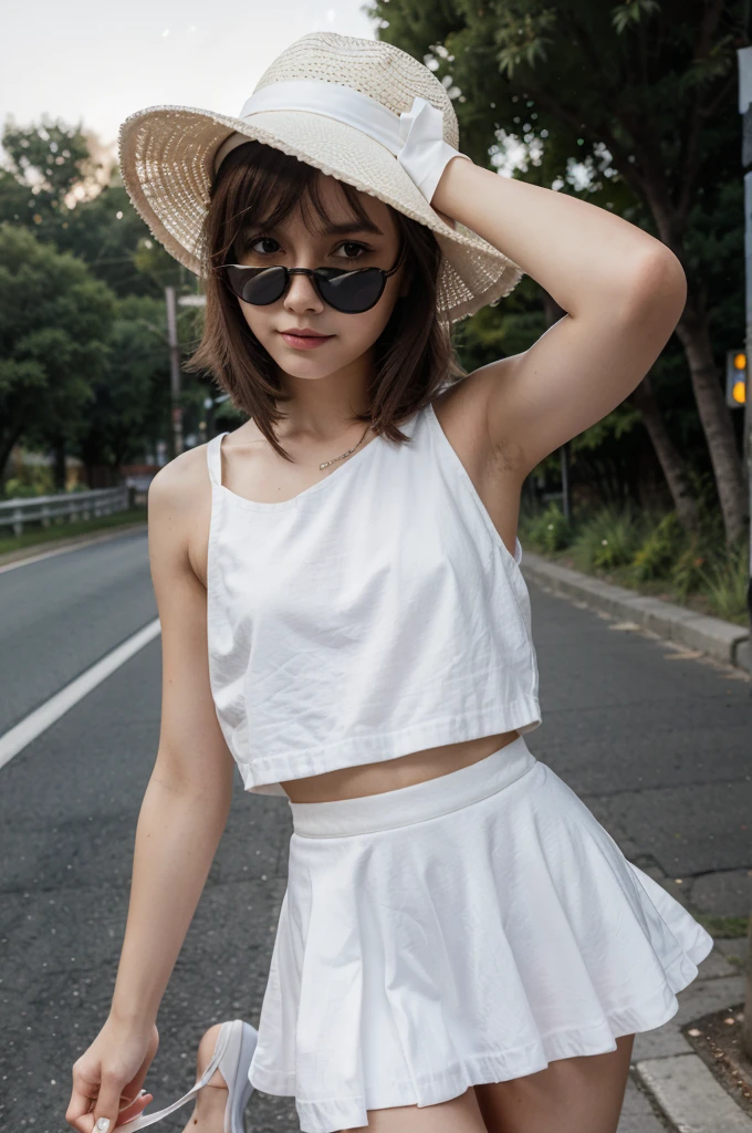 A cute girl, perfect face, beautifull girl,14 years oldy body, slim body, white skin, masterpiece, textured skin, super detail, high details, high quality, 8k, nice pose, road night background, dark shadow, less light, nature light, side lighting to face, dress, wearing a white hat, detailed hat, wearing a sun glasses, wearing a mask, cute lips, small and cutest lips, at night, wearing a white shoes, bangs hair style, open top, small skirt, wearing a ears rings, little smlie, night time.