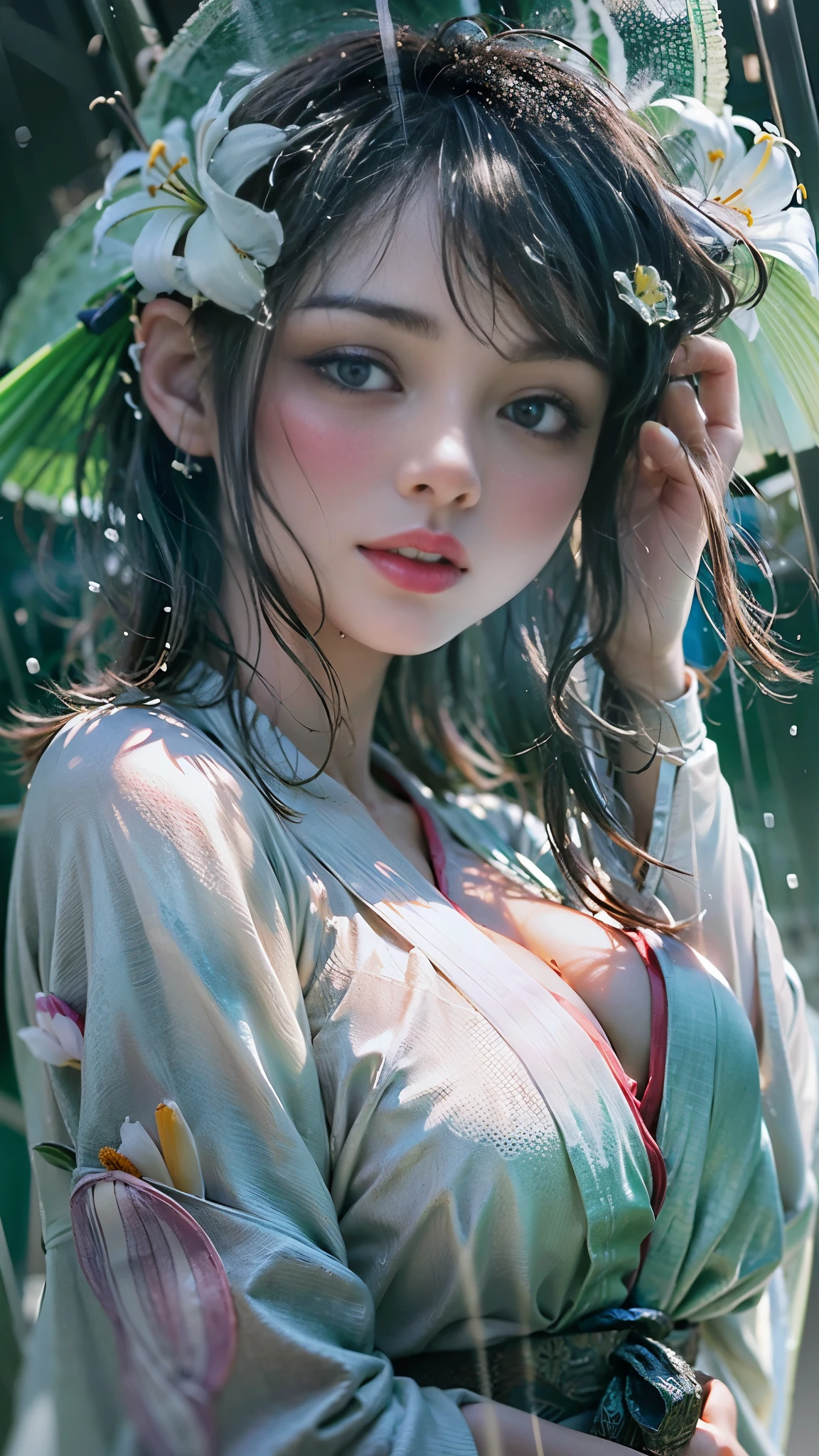 (Realistic:1.5, 16k, highest quality, masterpiece, Ultra-high resolution), (((heavy snow, From below))), Perfect dynamic composition:1.2, (In front of a shrine at night in a modern city, Expressions of sadness:0.9, Low angle shooting:0.9), Highly detailed skin and facial textures:1.2, Young woman getting wet in the rain:1.3, Fair skin:1.2, Sexy beauty:1.1, Incredibly slim body:1.2, Beautiful and aesthetic:1.1, Very beautiful face:1.2, Water droplets on the skin, (The rain drips down on my body:1.2, Wet body:1.2, Wet Hair:1.3), (Professional kimono dressing:0.7, Holding a bouquet of wet lilies:1.2, Wearing a wet silver kimono:1.3), (Shapely large breasts, Bra is sheer, Chest gap), (Big eyes that exude beautiful eroticism:0.8, Lips that exude beautiful eroticism:0.8), necklace, Earrings, bracelet, wedding ring, Highly detailed and accurate hand and finger representation