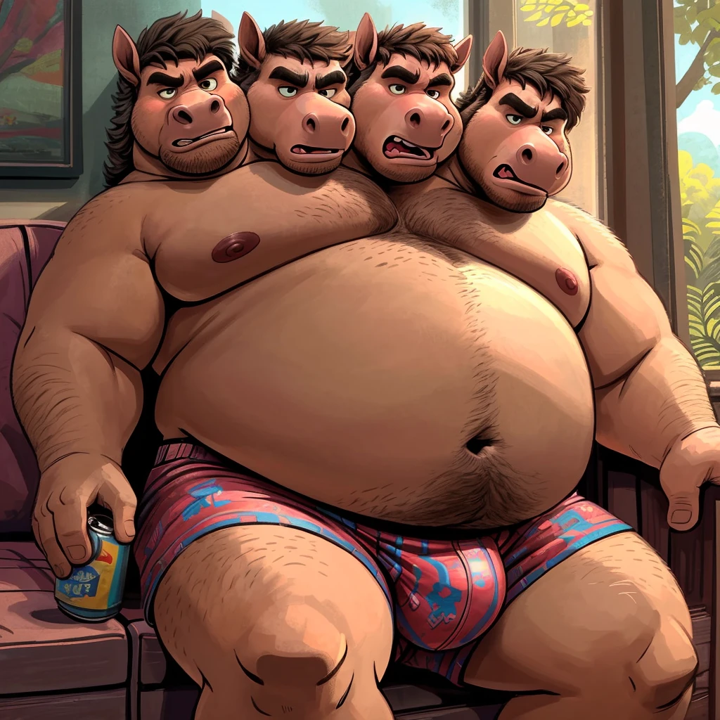 solo, equine, horse, (four headed), conjoined, identical, masculine, overweight:1.5, obese, fat, belly, chubby, dadbod, adult, mature, older man, brown fur, (by rembrandt:1.7, by dramamine), pixar:1.1, by dreamworks, porch background, (shirtless, boxers, bulge), navel, large nipples:1.3, correct hands, perfect anatomy, ((correct eyes, detailed eyes:1.2, cartoon eyes:1.2, small dark pupils)), (ultradetailed, best quality, detailed masterpiece, highly detailed masterpiece, 4k, professional cartoon:1.7), ((sitting on couch:1.3, holding can:1.1, hairy armpits, natural pose:1.3, (nuanced expressions:1.3, angry:1.2, annoyed:1.3, mad:1.3)))