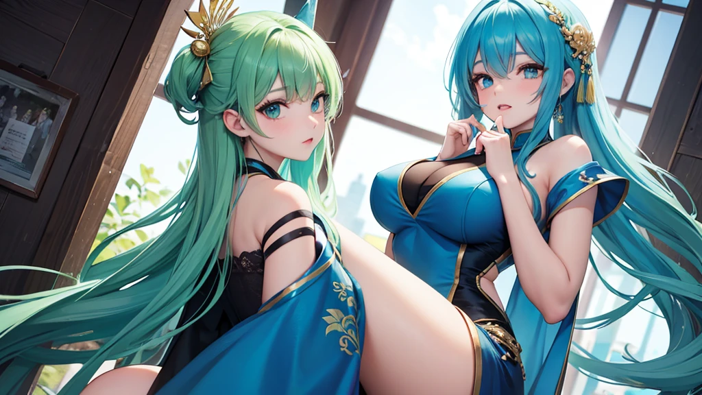 A girl with long blue hair covering one eye, emerald green eyes, and exposed breasts in a cheongsam