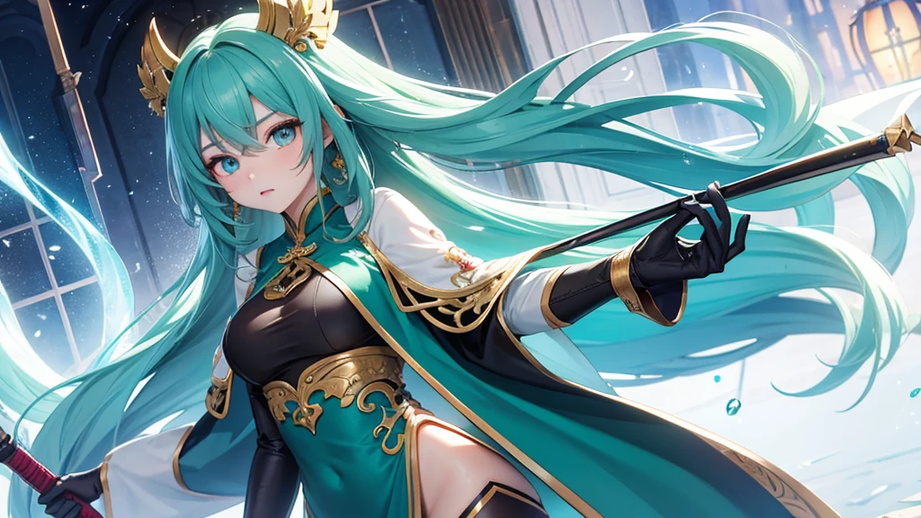 A girl with long blue hair covering one eye, emerald green eyes, and exposed breasts in a cheongsam