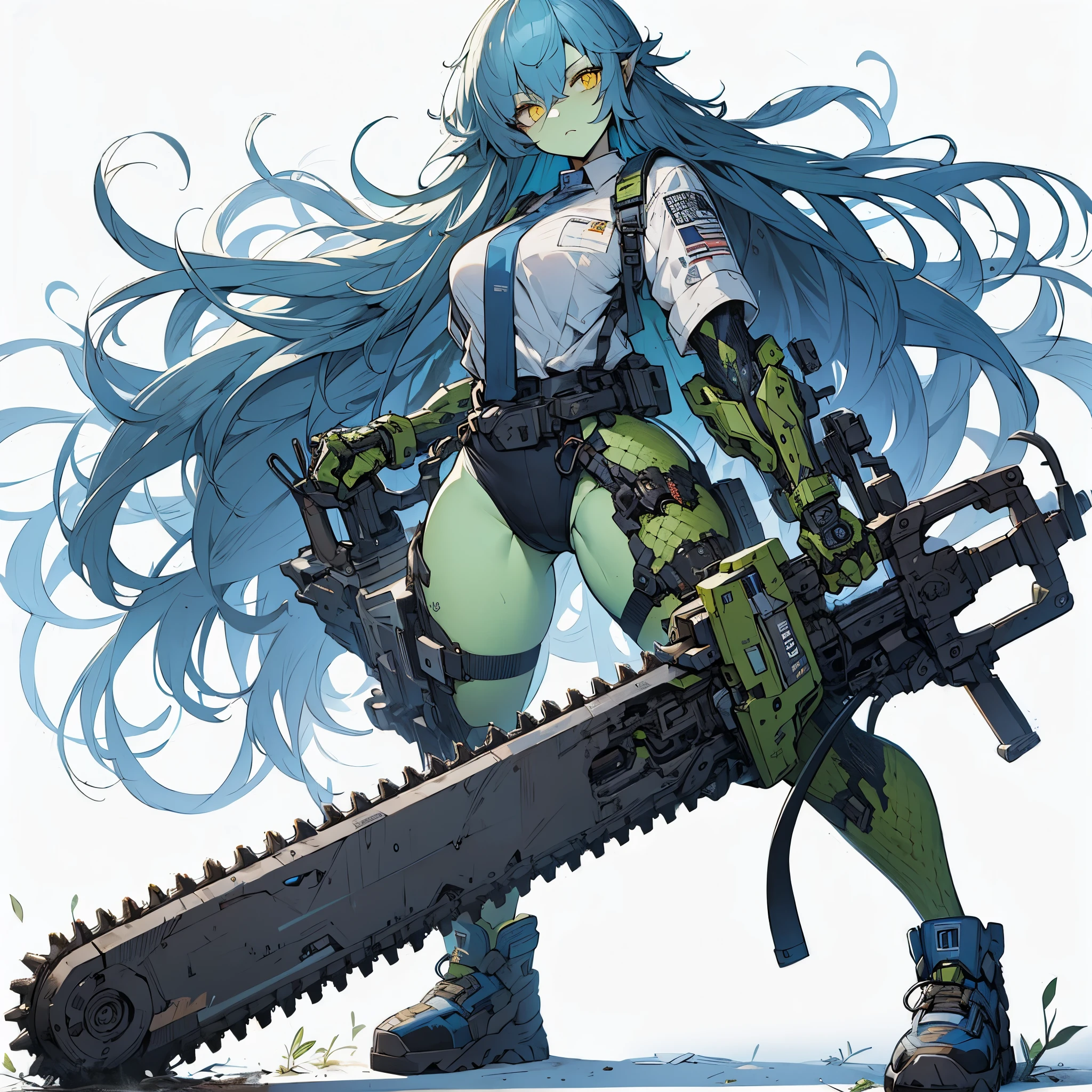(masterpiece, Best Quality), (Perfect athlete body:1.2), (detailed hairs), Ultra-detailed, Anime style, solo, Cyberpunk orc girl, Muscular but feminine body shape, wearing a work uniform, night blue hair and yellow eyes, pale green skin, holds a huge cleaver sword, protector gear, point armor, wears high tech sneakers, standing in wasteland, white background, whole body,