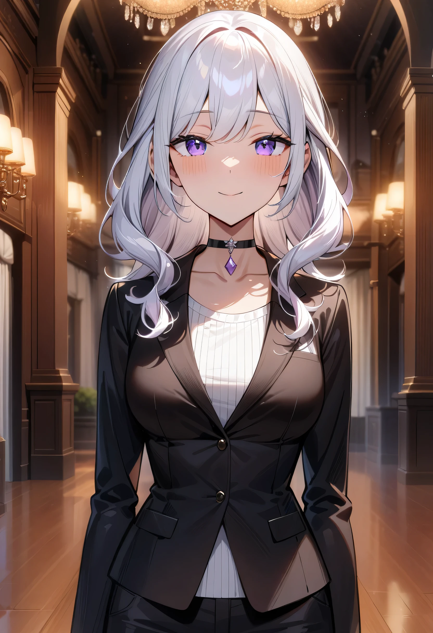 masterpiece, best quality, very aesthetic, absurdres, 1girl, solo, white hair, short wavy hair, purple eyes, medium breasts, slender body, light smile, closed mouth, formal, black suit, business suit, pants suit, black pants, choker, pendant, pendant choker, standing, upper body, close-up, straight-on, indoors, dance hall, ballroom, mansion, scenery