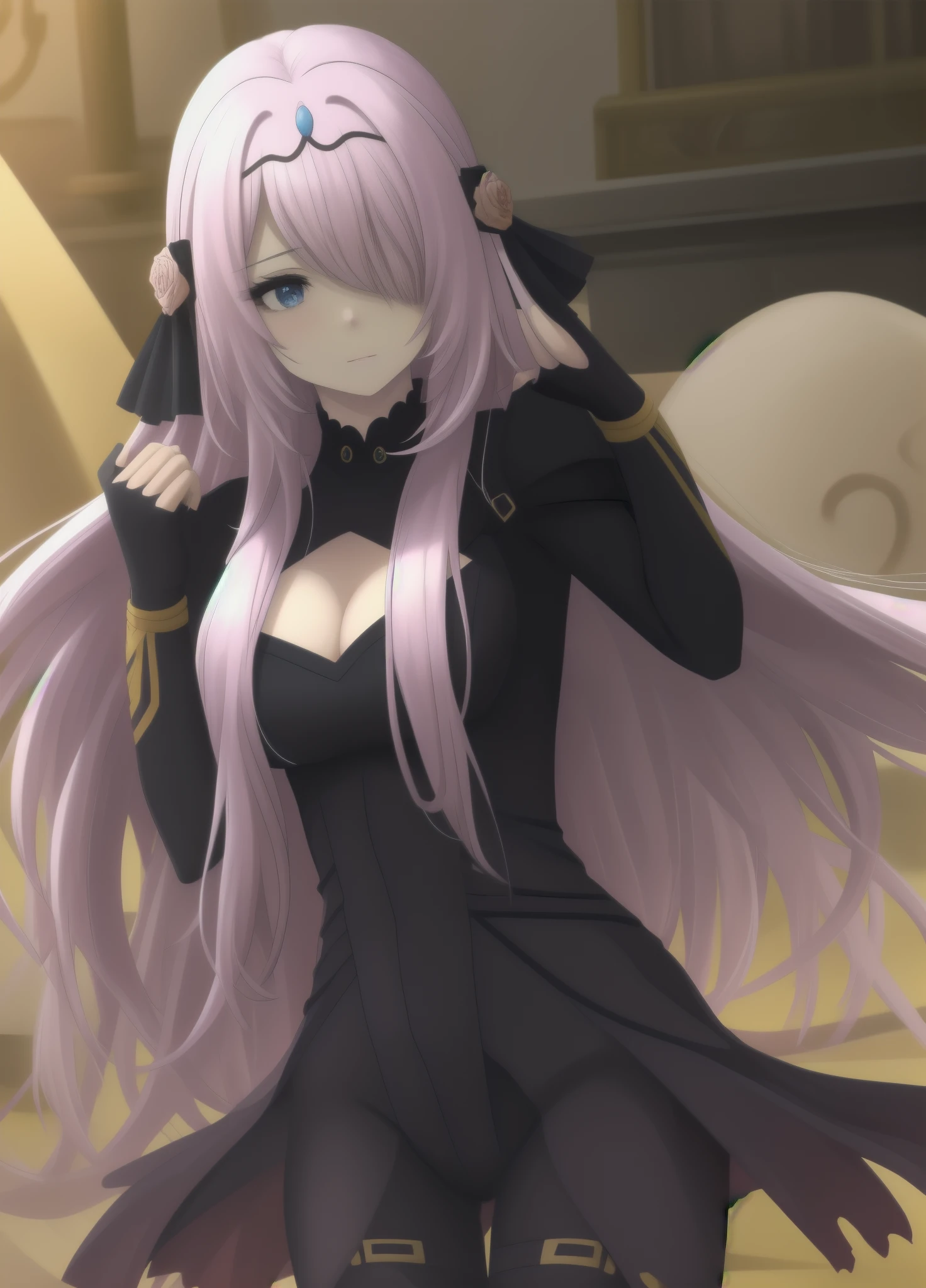 victoria horns, tiara, veil, black bodysuit, shoulder armor, long sleeves, cleavage cutout, black gloves, black overskirt, black pants