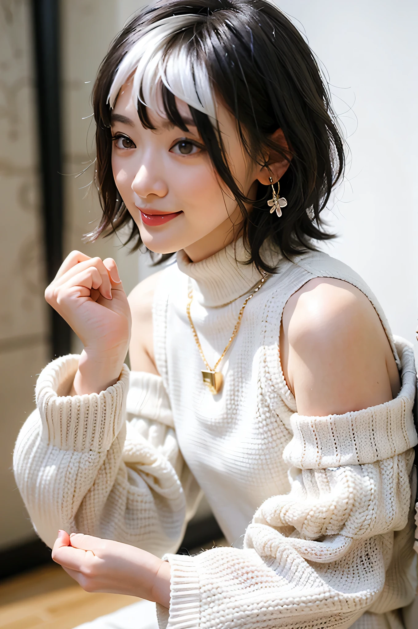 (red lips:1.4), full body, (turtleneck cable knit oversize sweater dress:1.2), , 1girl,solo,
(8k, RAW photo, best quality, masterpiece:1.3),(realistic, photo-realistic:1.37),realistic skin texture,(photorealistic:1.3),(hyperrealistic:1.2), (short hair:1.4) , stretching arms, (white colored clothes:1.7), (white hair:1.4), (seducting smile:1.4), (detached sleeves:1.4), (cheek dimples:1.4), (narrow shoulders:1.7), earrings, golden necklace,