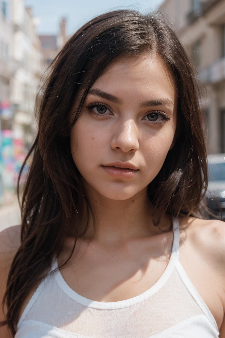 best quality, ultra-detailed, realistic:1.37), professional, beautiful detailed eyes, beautiful detailed lips, detailed facial features, natural skin tones, perfect skin texture, delicate facial expressions, image in high resolution, (Janette), 18yo, (an Afrikaner street art enthusiast), full body shot, pose in front of white surface. Her trendy urban outfit complements the colorful artwork, showcasing her appreciation for street art culture. The high-resolution image captures the intricate details of Janette's eyes, lips, and facial features, emphasizing her passion for urban art and self-expression.