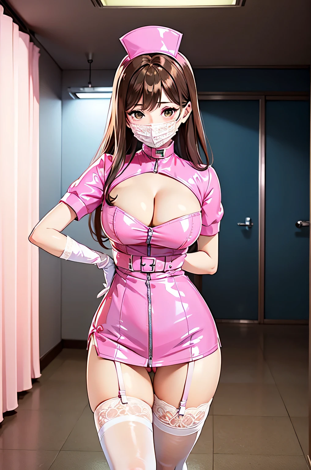 1girl, brown hair, l4t3xnurs3, pink latex, white thighhighs, cleavage, pink panties, nurse cap, nurse, pink gloves, lace surgical mask, standing, ((hospital room)), sharp outline, short sleeves, best quality, masterpiece