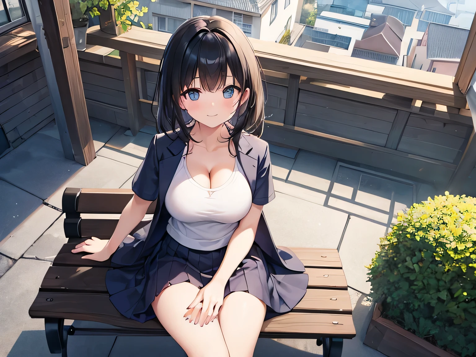 (Masterpiece, top quality, high resolution, realistic photo, realistic looking skin:1.1),
(The woman is sitting on a bench on the roof of a building:1.5),
(We are looking at her from a slightly elevated perspective: 1.8),
(She has a smiling expression:1.5),
(She is wearing a navy tailored jacket and skirt set-up with a V-neck T-shirt as innerwear:1.8),
(She is wearing black pumps:1.8),
(She is an F-cup so we can see her cleavage:1.8), 
(She has medium black hair:1.5),
(Location: a bench on the roof of a building:1.5),
1 Japanese girl, solo, full bodied esbian, beautiful eyes, glowing eyes, glowing thighs, NSFW