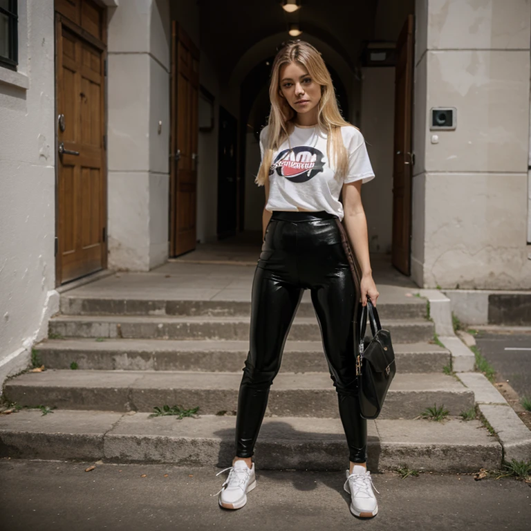 Beautiful blonde woman, in rom vor einer alten hauswand, black shiny patent leggings, rosa tshirt, Full body image, white sneakers
