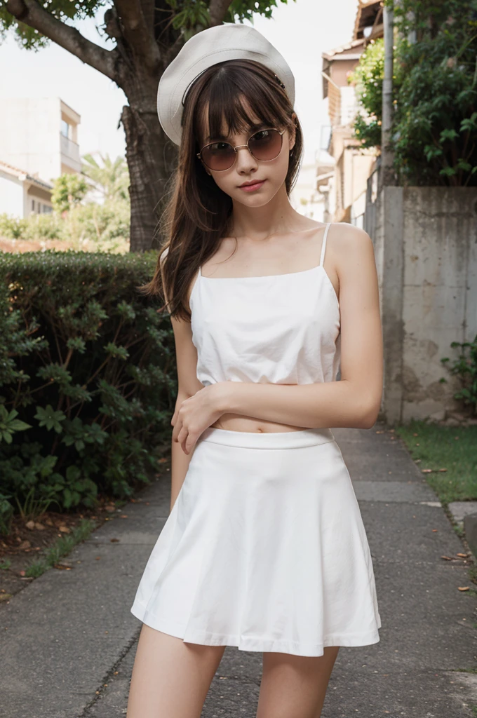A cute girl, perfect face, beautifull girl,14 years oldy body, slim body, white skin, masterpiece, textured skin, super detail, high details, high quality, 8k, nice pose, road night background, dark shadow, less light, nature light, side lighting to face, dress, wearing a white hat, wearing a sun glasses, cute lips, small and cutest lips, at night, wearing a white shoes, bangs hair style, open top, small skirt, wearing a ears rings, little smlie, night time.