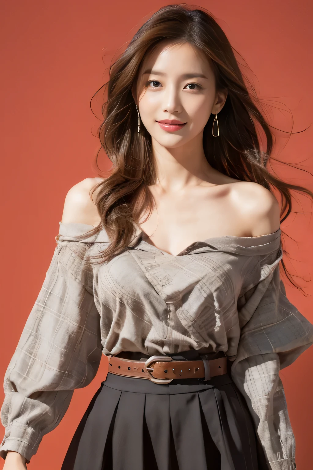 A woman in a gray shirt and black skirt posing for a picture - SeaArt AI