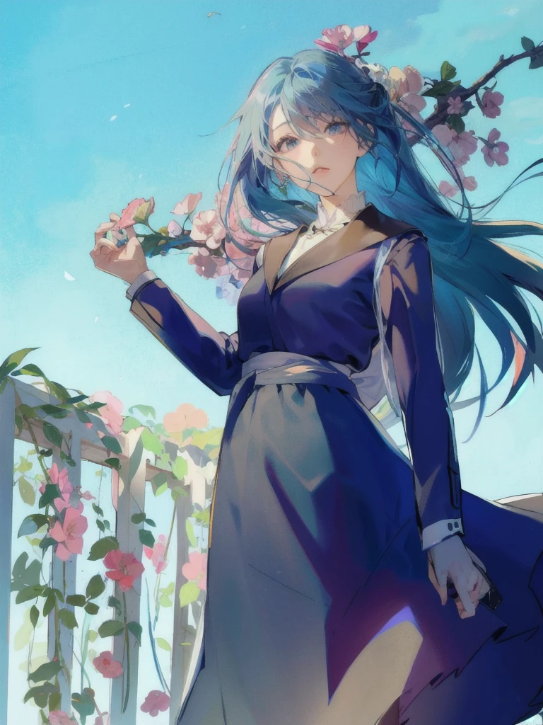 anime girl with long blue hair and a dress holding a flower, with flowers, inspired by Eizan Kikukawa, zerochan art, she is the center of the garden, holding flowers, , official art, by Eizan Kikukawa, inspired by Munakata Shikō, by Shingei, in garden,Railing vines,Sailor pleated skirt