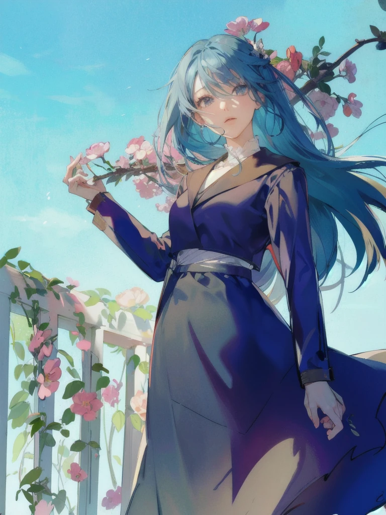 anime girl with long blue hair and a dress holding a flower, with flowers, inspired by Eizan Kikukawa, zerochan art, she is the center of the garden, holding flowers, , official art, by Eizan Kikukawa, inspired by Munakata Shikō, by Shingei, in garden，Railing vines，Sailor pleated skirt