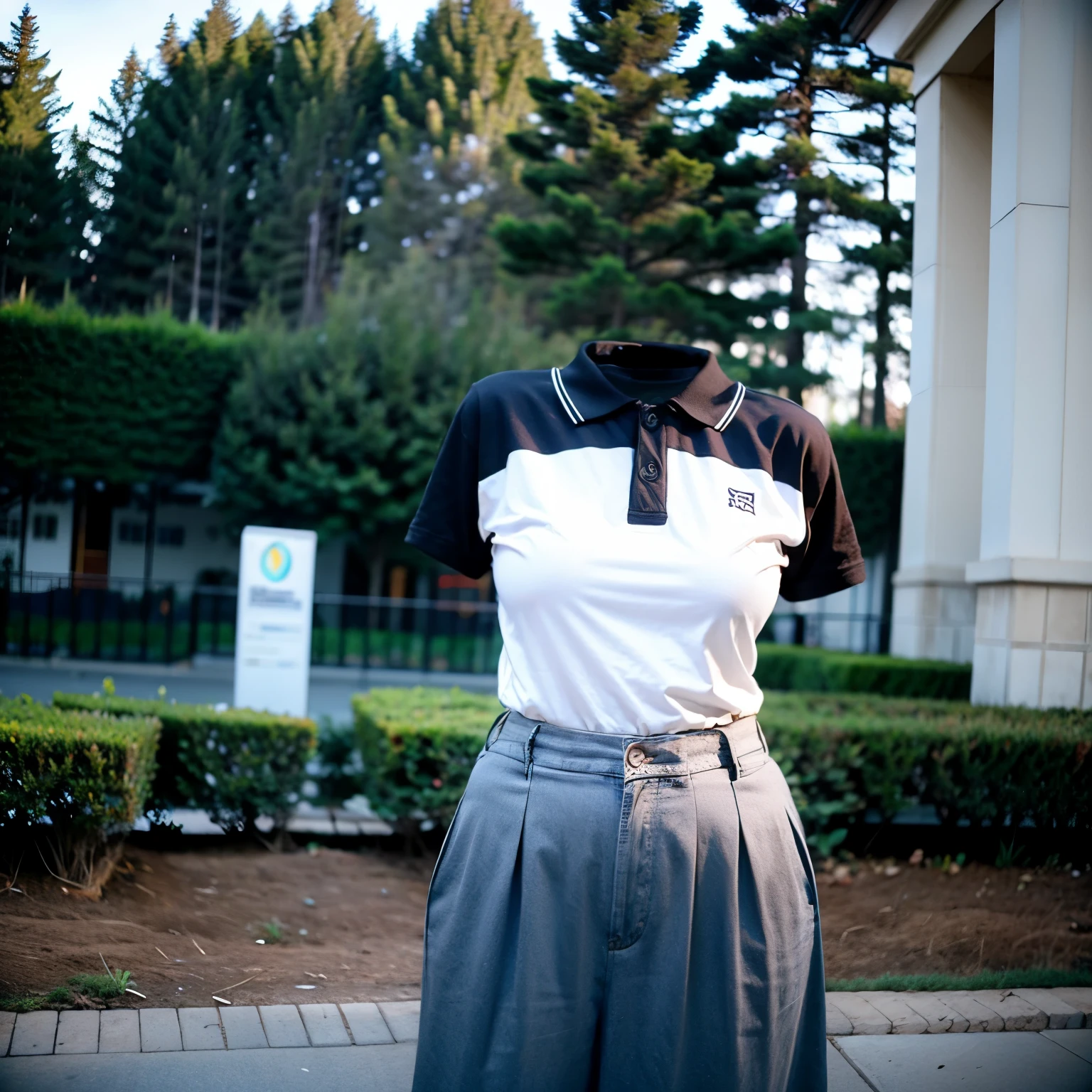 (standing backvending, Arching back, hands on hips), Hold your pee, fat, chubby, flare skirt, (from back), polo shirt, (invisible, no humans, headless, faceless:1.5), cute big breasts, (8k, RAW photo, best quality, masterpiece:1.2), (realistic, photo-realistic:1.37), photon mapping, radiosity, ((Hasselblad photography)), physically-based rendering