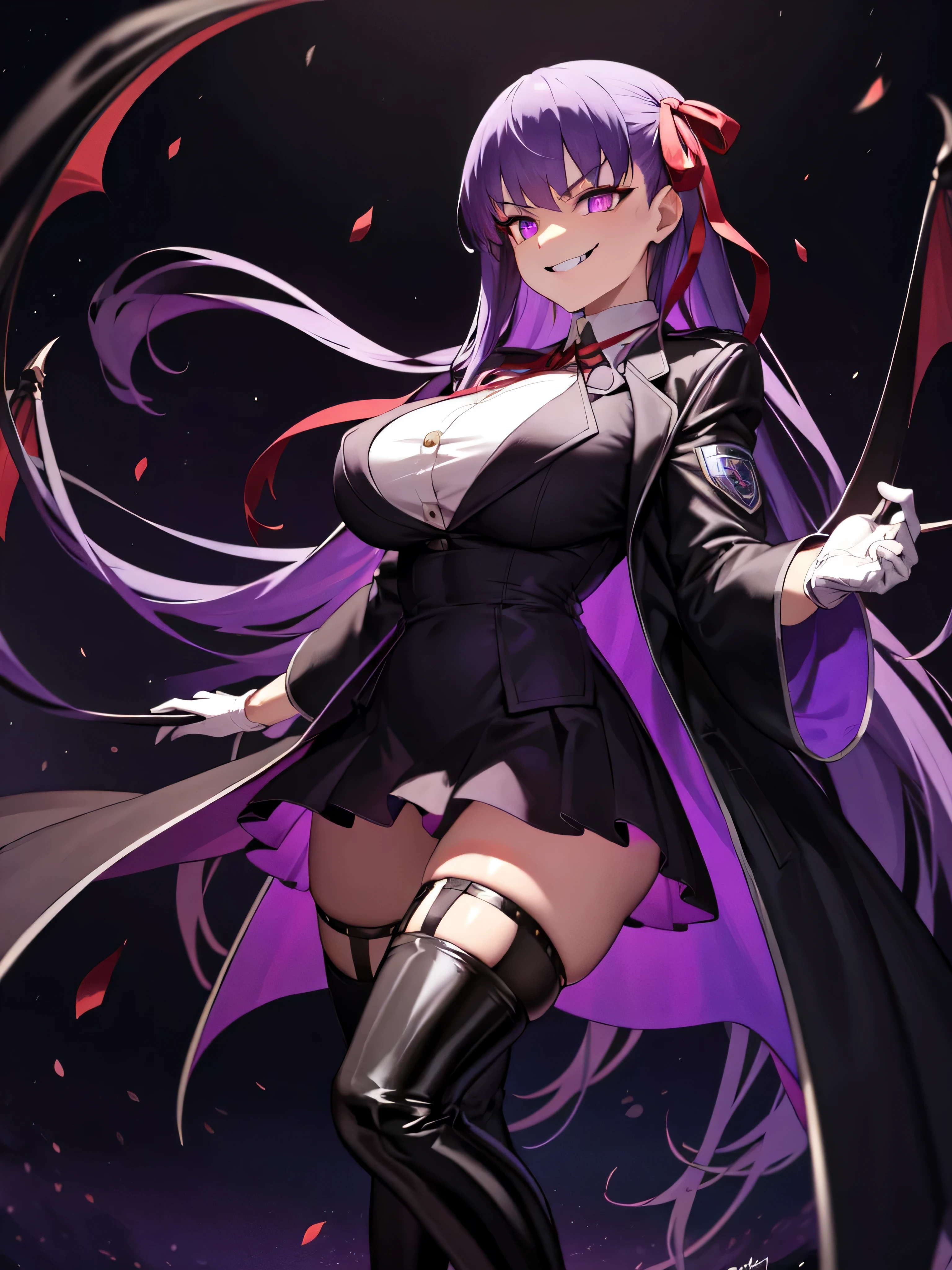  isometric, mid shot,  night, ,,, purple hair, black jacket, white shirt, black skirt, red ribbon, big breasts, purple eyes, white gloves, long hair, big collar, evil smile,smirk,thighhigh boots,(evil smile:1.3),black darkness,hell,
