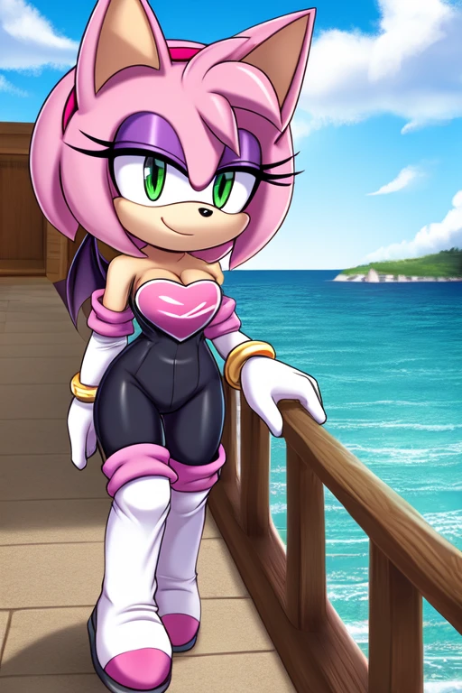 score_9, score_8_up, 2D, flat color, looking at viewer, (1girl), (solo), very detailed, extremely detailed, Amy Rose from the sonic the hedgehog series, portrait, seductive smile, hair down, hair bangs, medium breast, Rouge cosplay, cosplay, she wears a black skin-tight and strapless low-cut jumpsuit, a pink heart-shaped chest plate outlined with thin white trim, elbow-length white gloves and thigh-high high-heeled boots with pink cuffs to match them, with the latter featuring both gray soles and heels, matching her jumpsuit's chest plate, she sits down on a lounge chair on the beach with the ocean waves in a nice sunset, close up, wingless