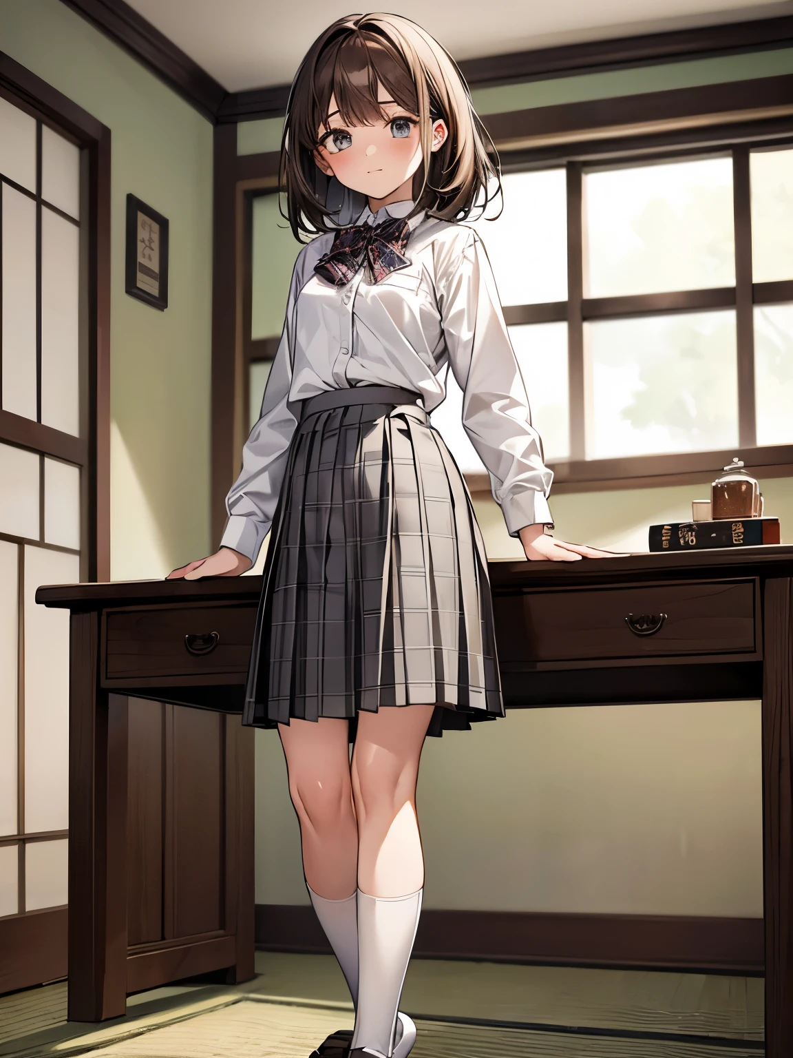 1 girl, Solo, Cute Girl, 13 years old, Best Quality, Ultra-detailed, 8K, High resolution, Detailed face, dark brown hair, bob hair, (((tareme:1.5, downer))), (((school uniform, white collared shirt, bowtie, pleated skirt, gray skirt, plaid skirt, long skirt:1.3, white socks))), standing, in the Japanese style room,