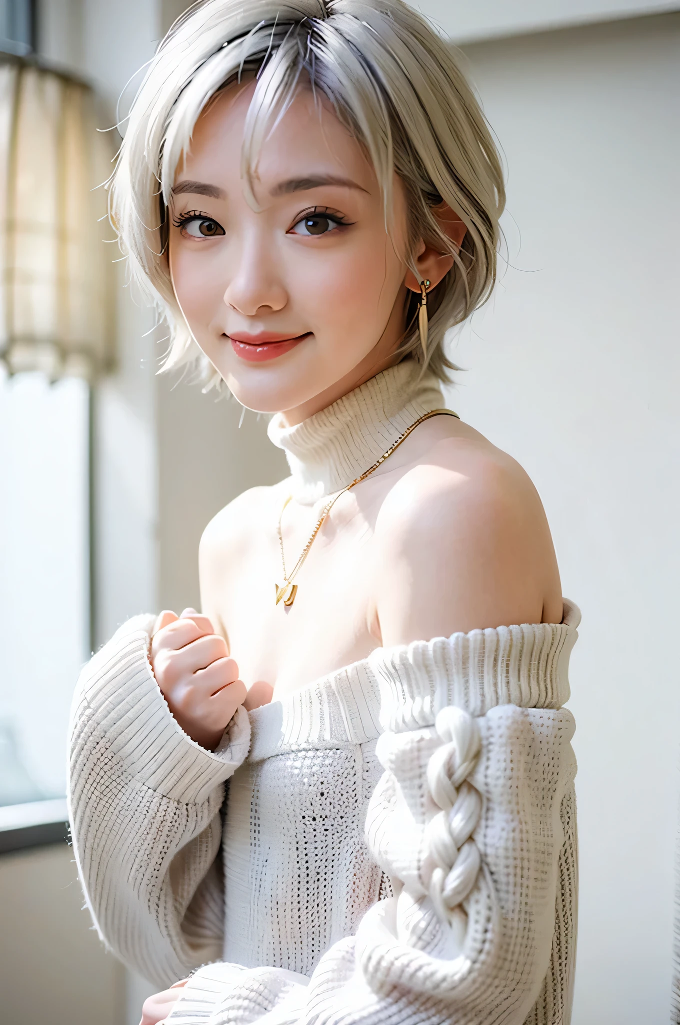 (red lips:1.4), full body, (turtleneck cable knit oversize sweater dress:1.5), , 1girl,solo,
(8k, RAW photo, best quality, masterpiece:1.3),(realistic, photo-realistic:1.37),realistic skin texture,(photorealistic:1.3),(hyperrealistic:1.2), (short hair:1.4) , seducting pose, (white colored clothes:1.7), (white hair:1.7), (seducting smile:1.4), (detached sleeves:1.4), (cheek dimples:1.4), (narrow shoulders:1.7), earrings, golden necklace, 