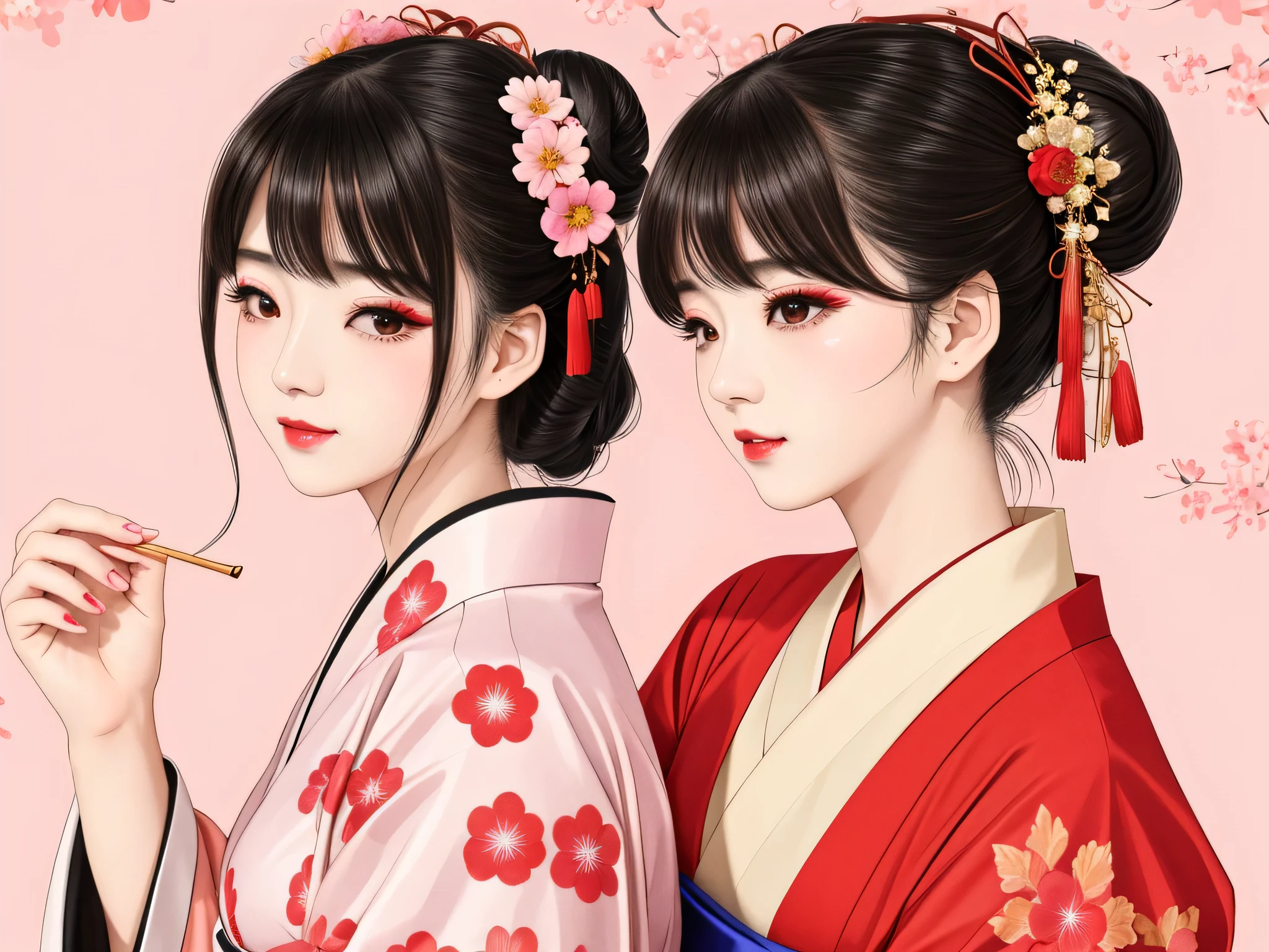 Each has a different expression2People and sisters、(2 girls)、⦅Dancing traditional performing arts gracefully)、((Big Breasts、Small Face、Not exposed))、highest quality、masterpiece、(Black Hair、Bun Hair)、Brown Eyes、⦅Wide angle、Angle from above, from the waist up、Pause on the magazine cover、Each person has a different perspective when looking into the distance⦆、(8K high quality、masterpiece、High resolution、Realistic and beautiful light and shadow、(highest quality)、(High Resolution)、(Very delicate and beautiful)、(Beautiful 8k face)、(Smiling and closing your eyes、Beautiful eyes)、(Clear skin)、(Soft hair)、(8Head to Body)、(A Japanese style yukata kimono with red, pink and orange floral patterns on a white background, interspersed with gold powder、wearing a yukata2Japanese beautiful girl)、((Tanabata decoration background))、((Small Face))、(arms up)、Thin and small nose、(Red lipstick)、(Make your cheeks red)、(Glossy skin)、((Ink painting style))、Very thin eyebrows、Overall ultra-high image quality、(She is wearing maiko-style makeup.)、Whitening、Long and beautiful eyelashes、Glowing Skin、(Red cheeks),Straight nose、masterpiece、highest quality、whole body、 Eyebrows visible through hair、Bun Hair、Grin、Gal、Kogal、Viewer's Eyes、Plaid、Stylish、woman、fine、Pause、
Waiting to start