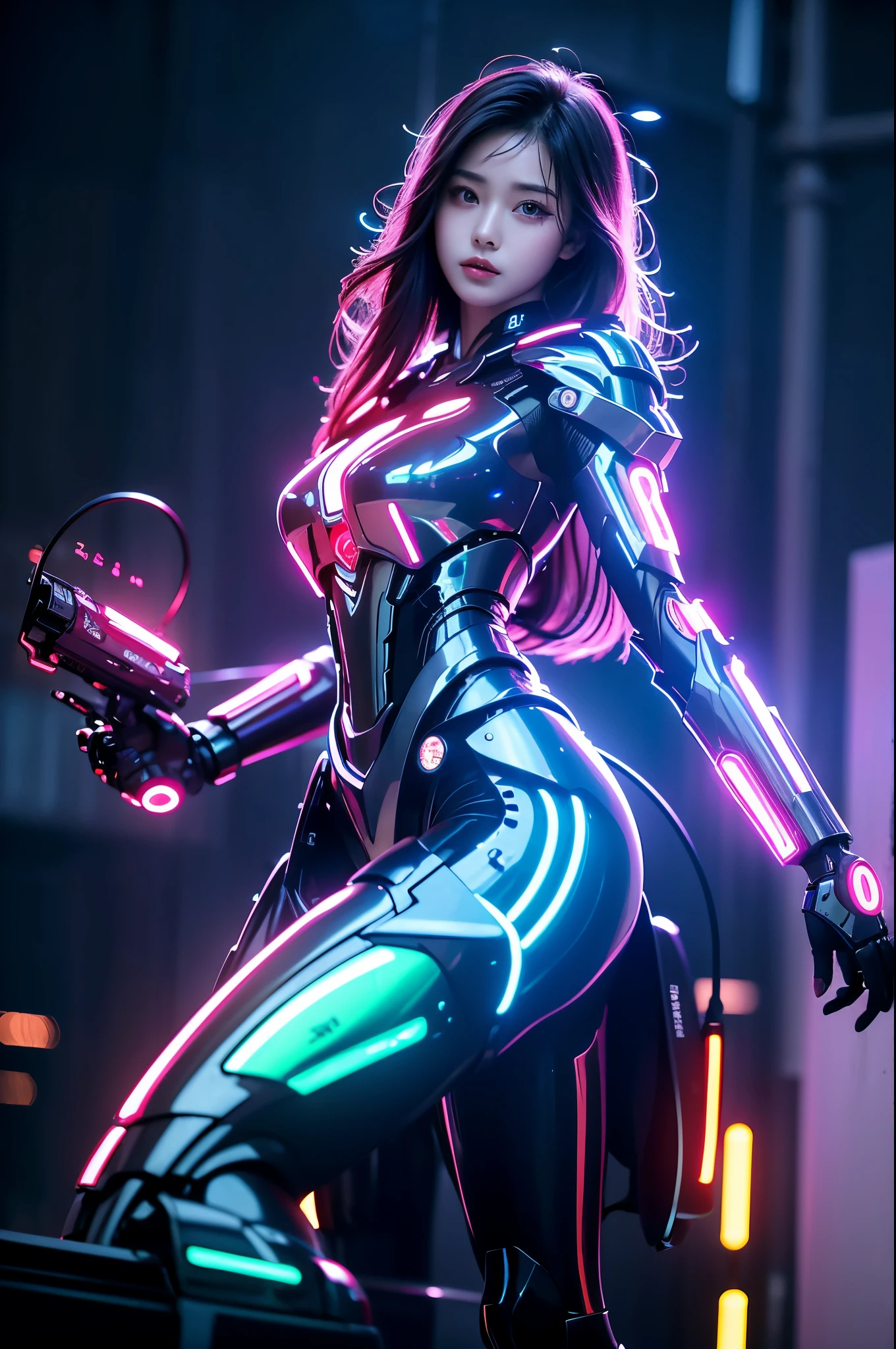 masterpiece, best quality,
1 Girl,Ives Girl,Mecha,Beautiful Lights,(Neon:1.2),(night:1.5),