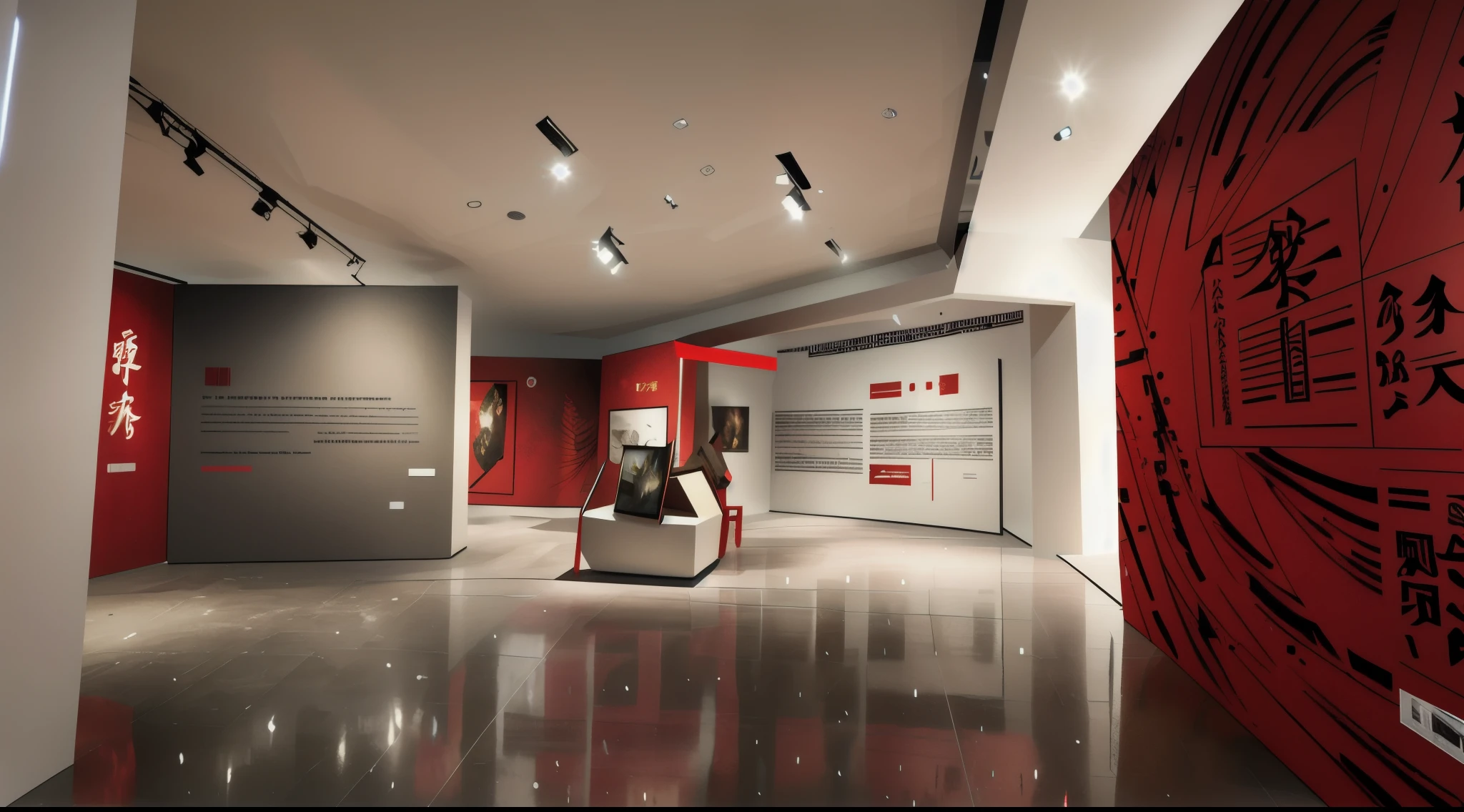 Immersive art exhibition design, Virtual Reality Experience China, Chinese red wall themed exhibition hall is located, space of China's War and Art Museum, with large text "V, Chinese characters, three hanging walls with white background images, display panels use multiple layers of lighting and shading to render the scene. The whole scene is full of atmosphere and solemnity. Surrealism, Unreal Engine 5